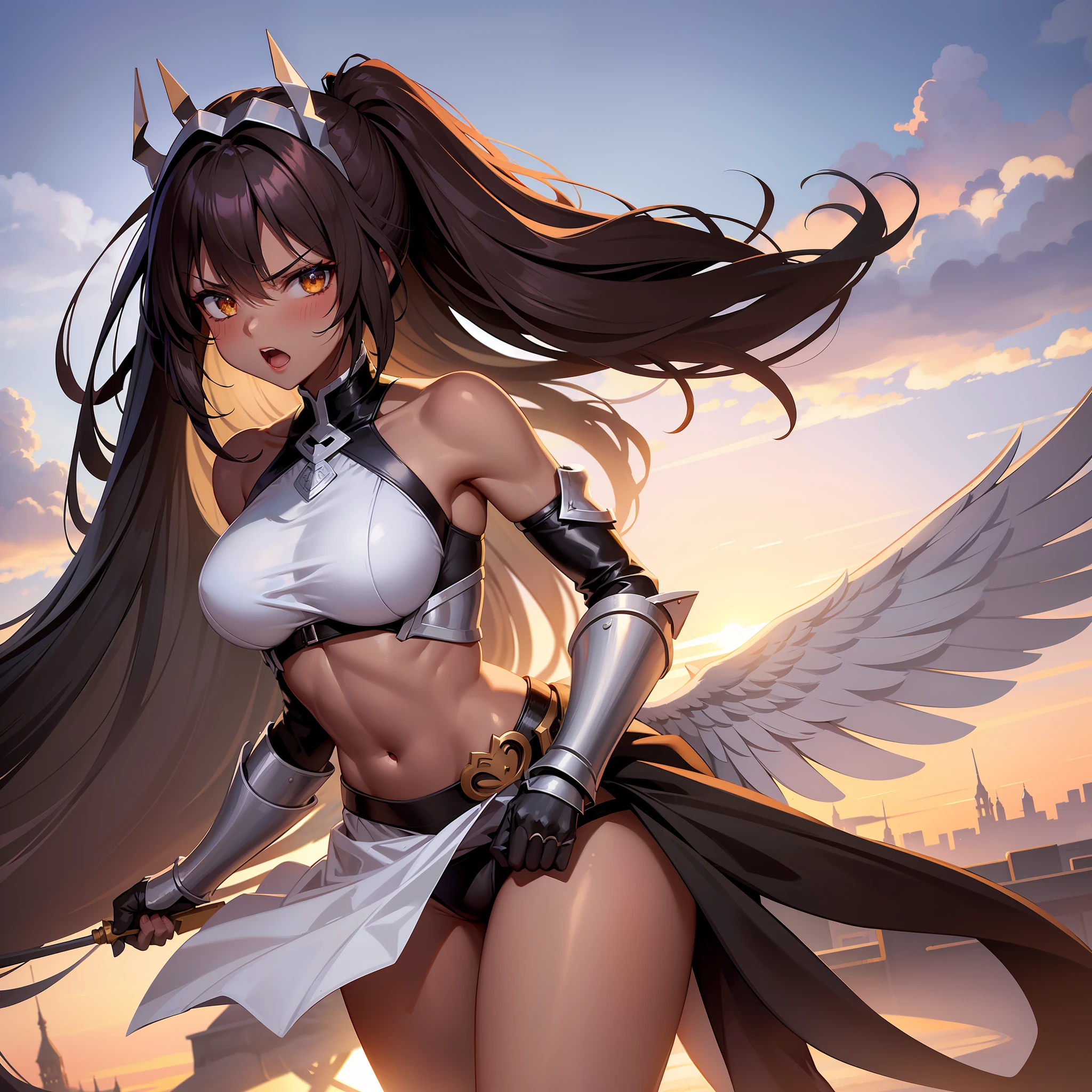 fantasy, 1angel_girl, , brown_hair, ponytail_hair, (dark_skin)+, bare_shoulder, navel, thigh,silver_shiny_armor, white_clothes,waist_armor, glebe, hold_swords, big_, angry, dynamic_fighting_pose, floating, (1pair_white_wings), sunrise_city_background,(pelvic_curtain)++, open_mouth, headgear, large_ass