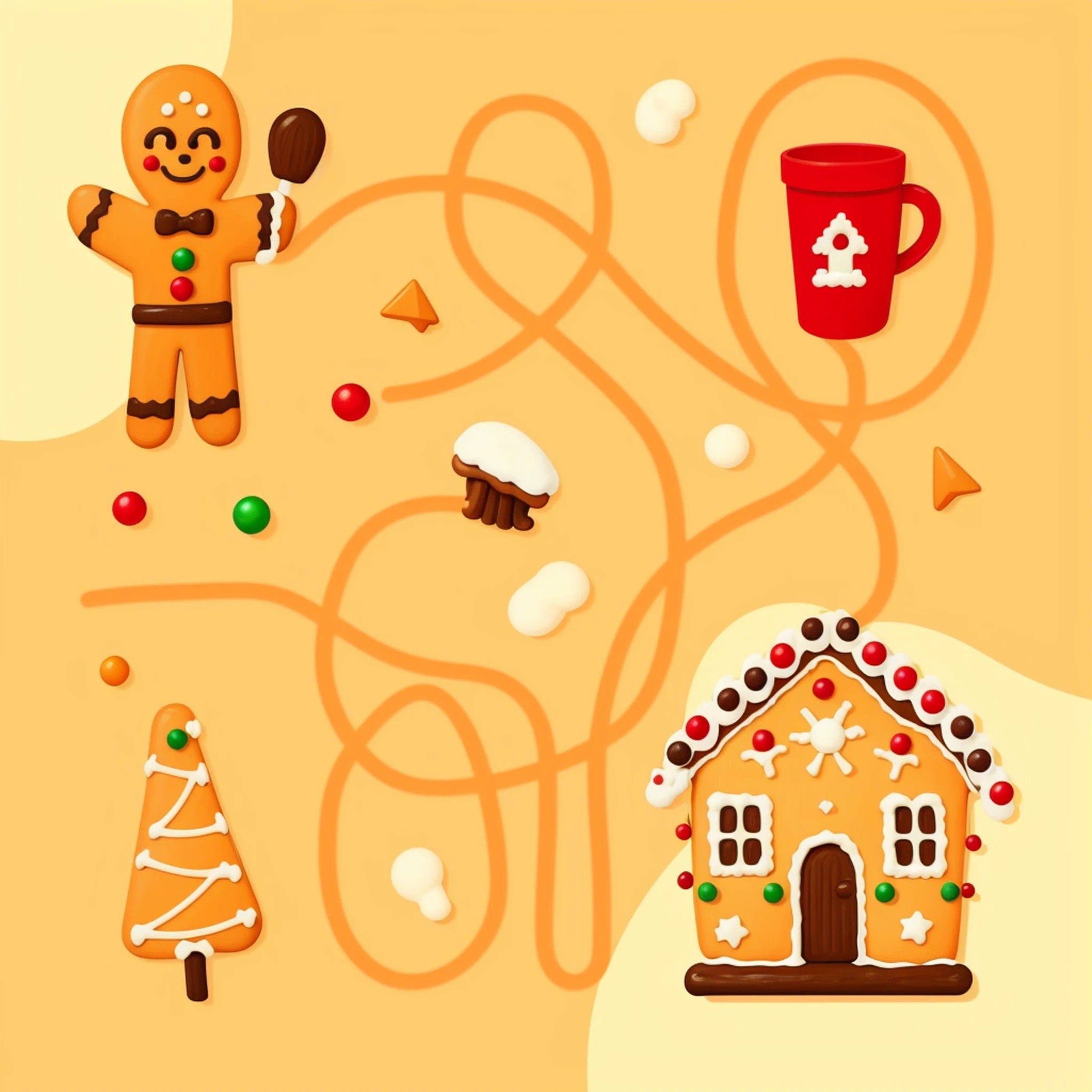 a close up of a gingerbread maze with a gingerbread house, find the hidden object, gingerbread candy village, candy land, illustartion, childhood, holiday season, accurate depiction, 🕹️ 😎 🔫 🤖 🚬, flat illustration, 🚿🗝📝, game map, 🪔 🎨;🌞🌄, gameplay, promo image, background image, caramel