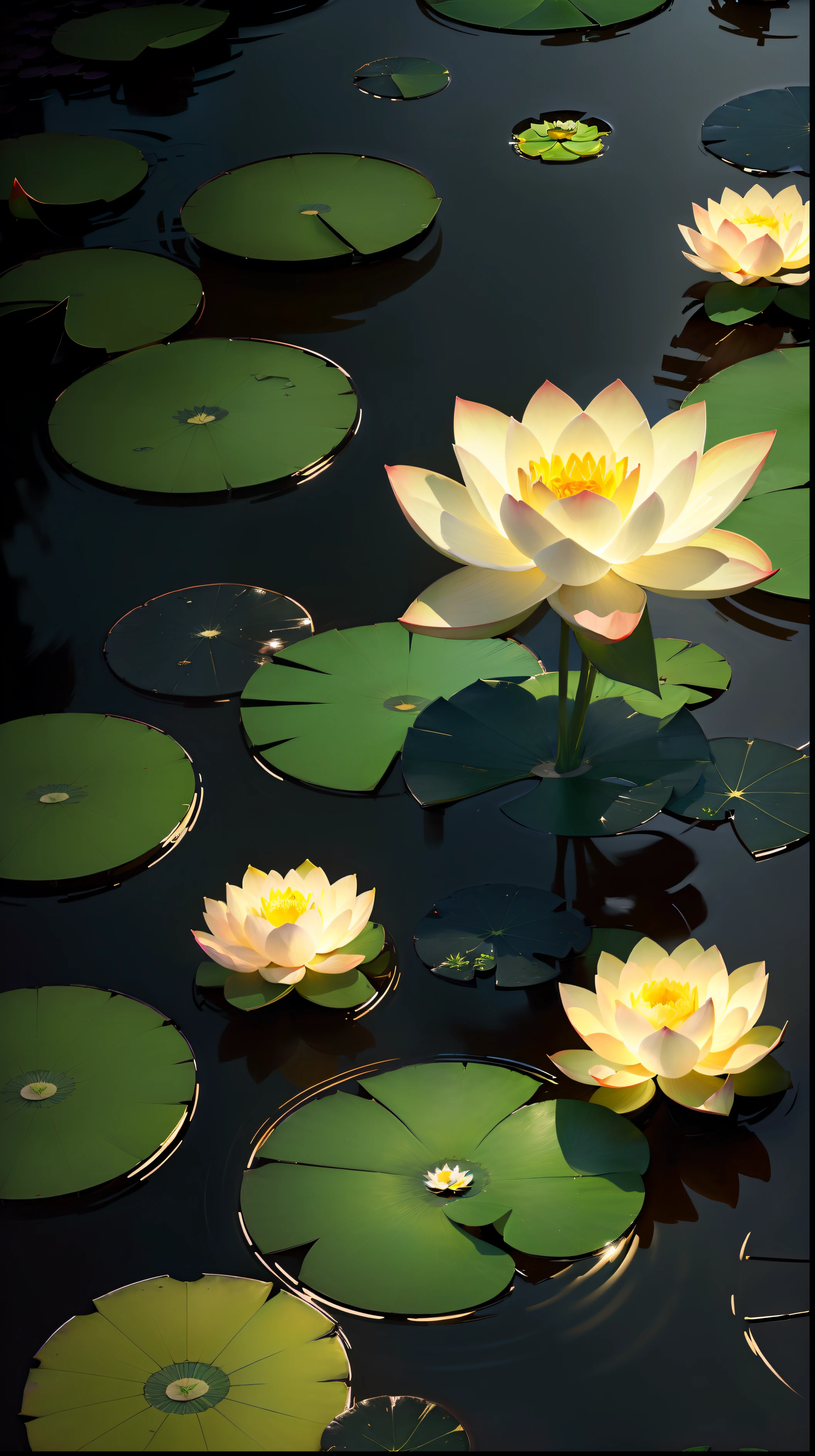 Masterpiece, exquisite, deep in the lotus pond, (colorful, vivid, sunshine, cool light: 1.2) lotus leaves in the pond, at night, empty