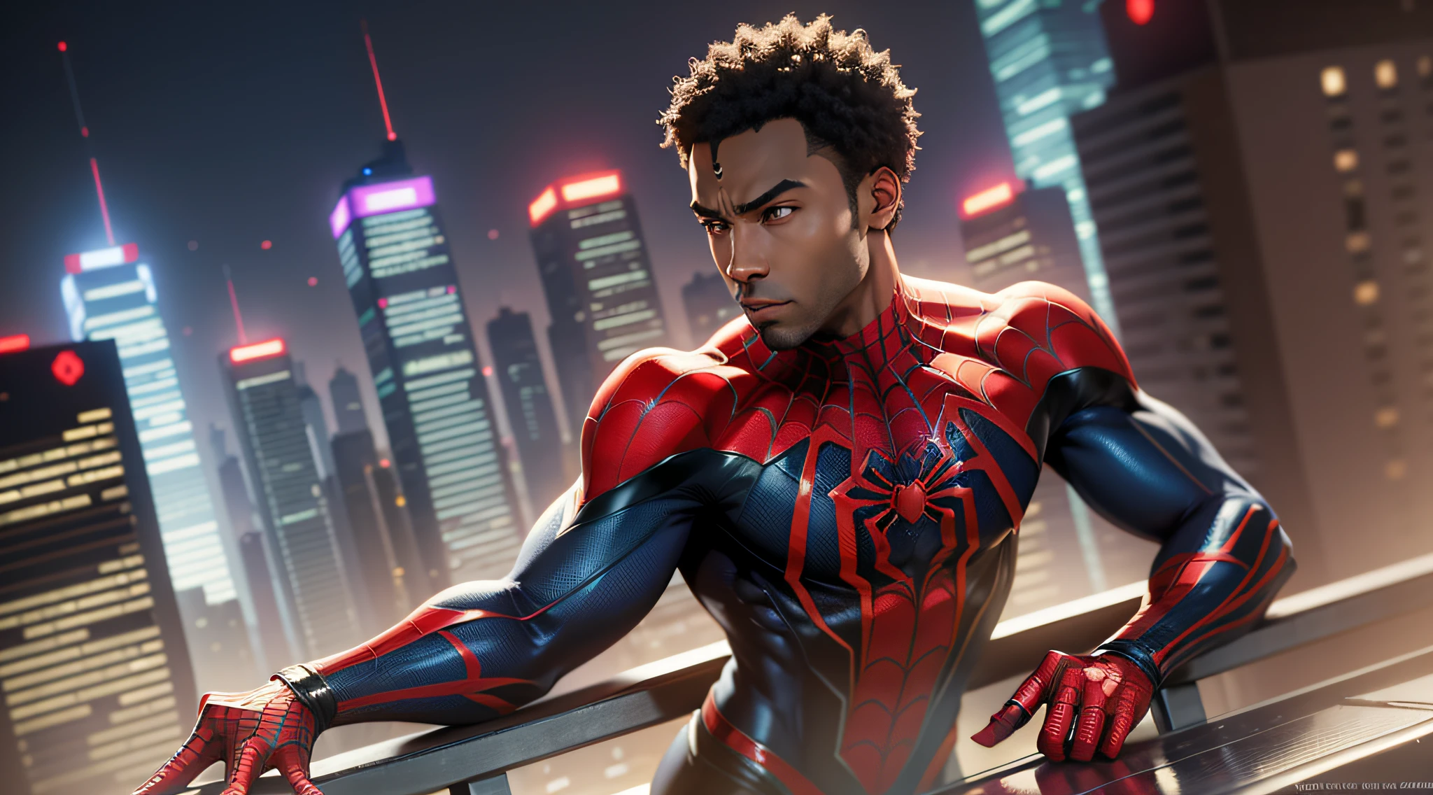 spider - man in a suit standing on a rooftop overlooking a city, miles morales, miles morales!!!, futuristic style spiderman, donald glover as miles morales, official concept art, peter parker, portrait of spiderman, hero pose colorful city lighting, peter parker as spiderman, spider - man, spider-man, official art, fan art, dwayne johnson as spiderman, spiderverse --auto --s2