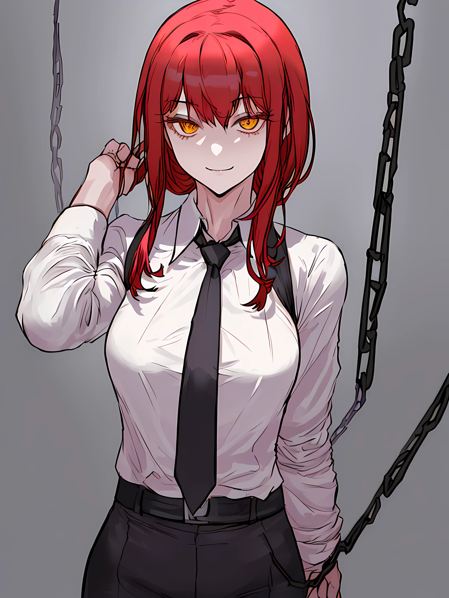 makima\(chainsawman\), best quality, ultra detailed, 1girl, solo, standing, red hair, long braided hair, golden eyes, bangs, medium breasts, white shirt, necktie, stay, smile, (evil:1.2), watch looking at the audience, (interview: 1.3), (dark background, chains: 1.3)