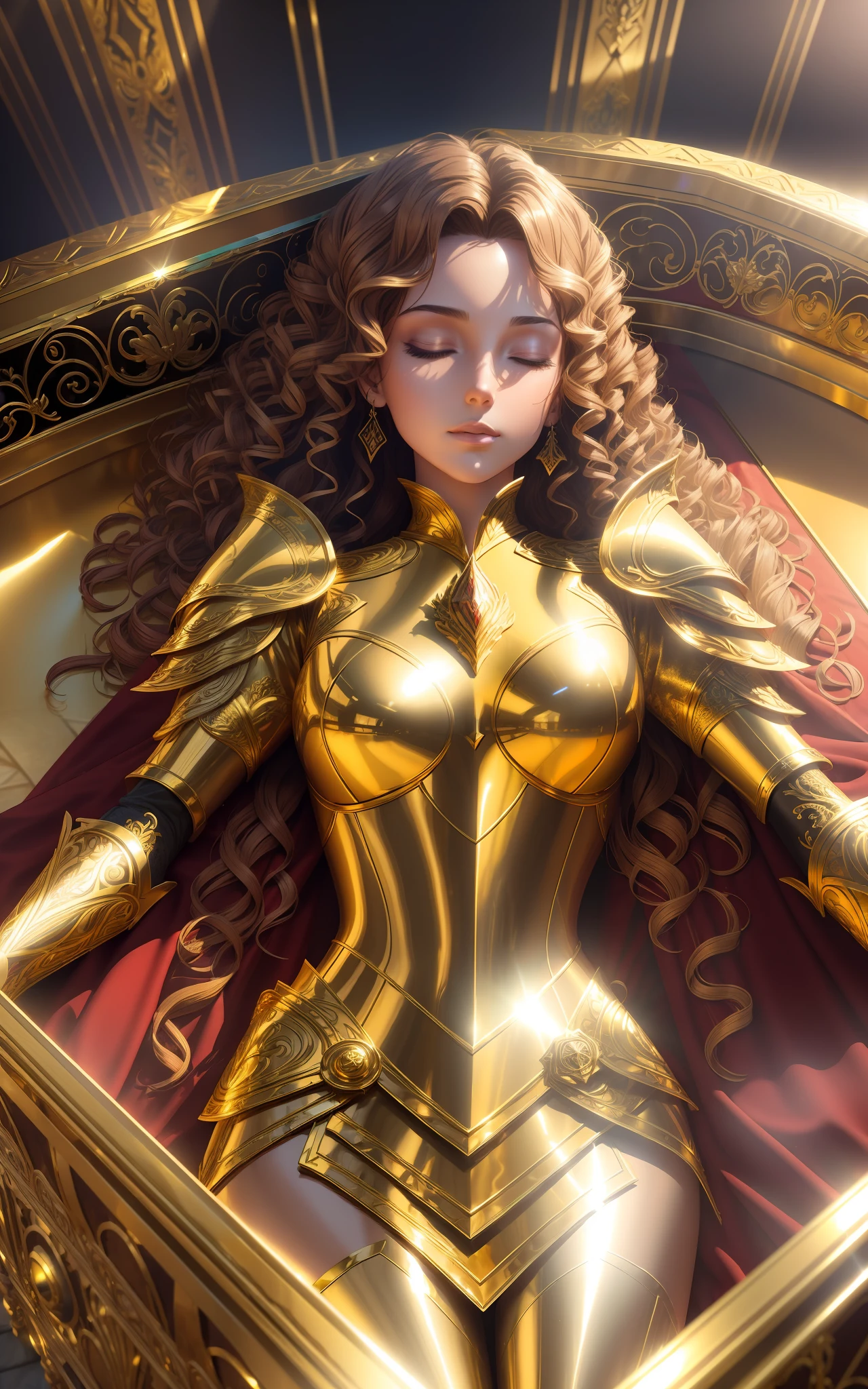 award winning concept art of tall (1girl:1.2) in gold and red shiny ornate armor lying in the coffin, closed eyes, hands on chest, epic, god rays, centered, (masterpiece:1.2), (best quality:1.2), Amazing, highly detailed, beautiful, finely detailed, warm soft color grading, Depth of field, extremely detailed 8k, fine art, stunning, iridescent, shiny, (light reflections:1.2), (crisp:1.5), curls, vibrant, sunlit, edge detection