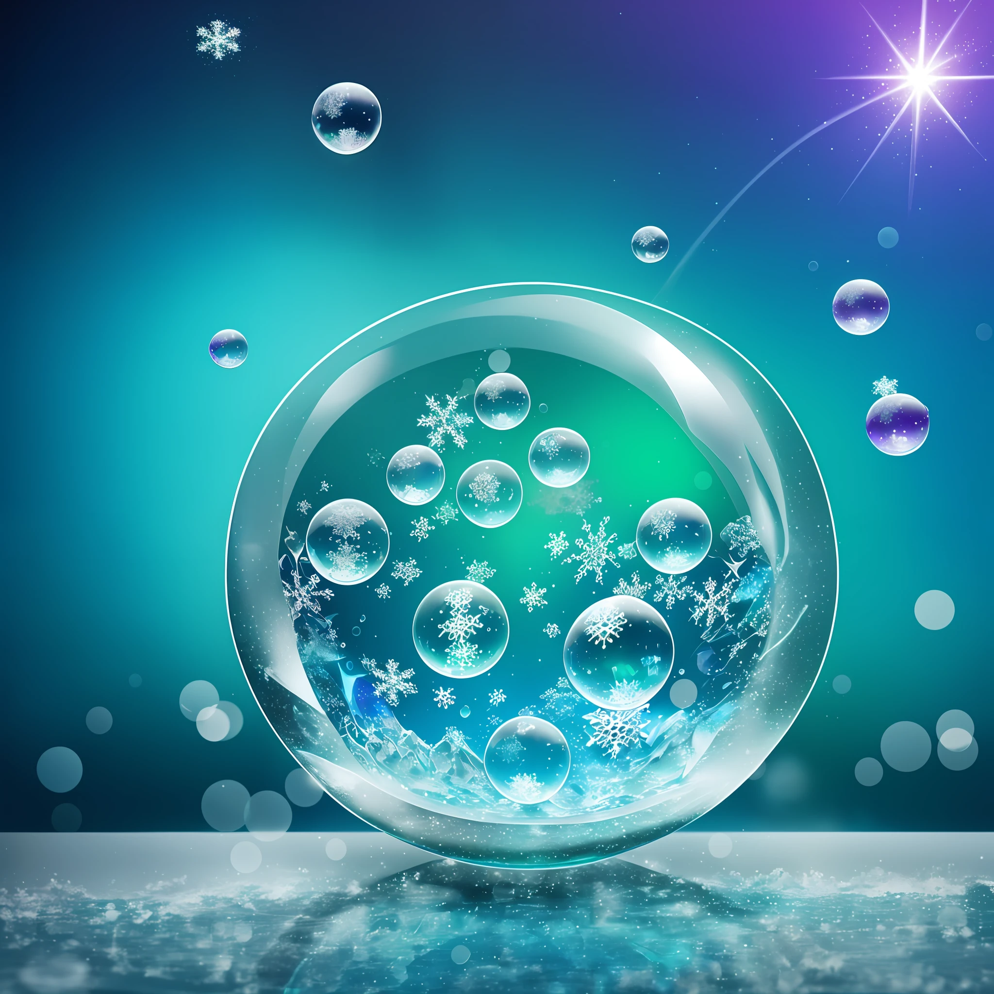 Computer volumetric graphics, realistic fantasy, Extensive landscape ultra photography (general view showing a glass bowl, water, circles on the water, ice crystals, snowflakes, soap bubbles,), blurred background, warm, shade of green + blue, purple and turquoise background, magic --auto --s2