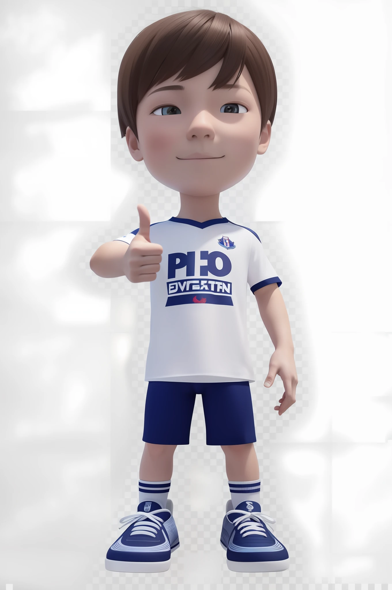 a cartoon boy giving a thumbs up with a pro squad shirt on, pre-rendered, professional cgi, promotional render, photo render, full body mascot, high quality topical render, 3 d character, 3d character, t pose, toon rendering, wearing a school soccer uniform, prerendered graphics, 3d model of a japanese mascot, professional render, t - pose