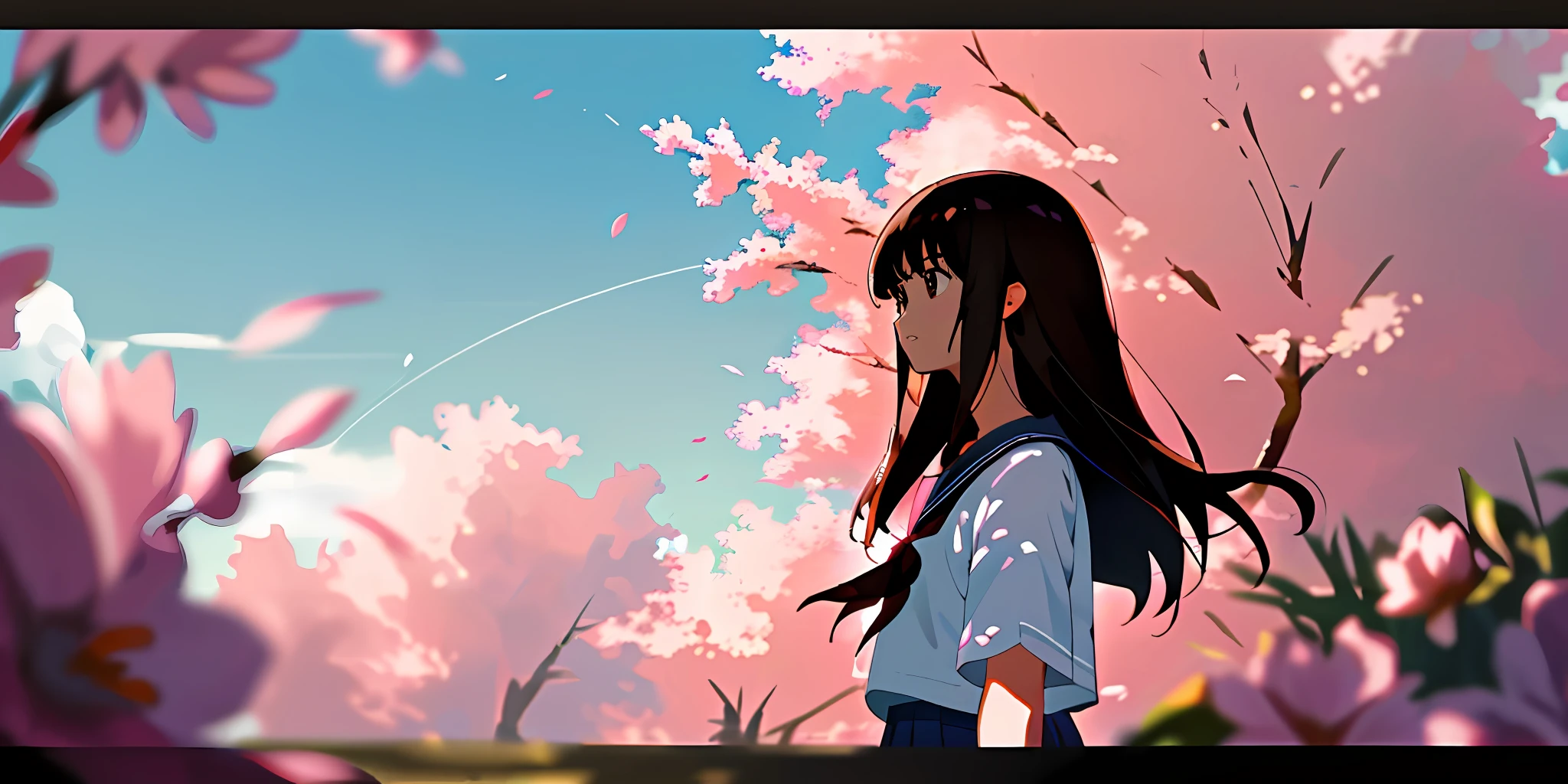(masterpiece, best quality),1girl, solo, flower, long hair, outdoors, letterboxed, school uniform, day, sky, looking up, short sleeves, parted lips, shirt, cloud, black hair, sunlight, white shirt, serafuku, upper body, from side, pink flower, blurry, brown hair, blue sky, depth of field
