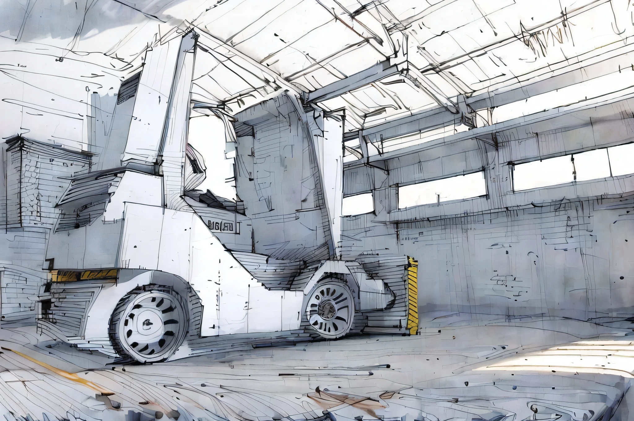 linear, gray, white background, simple background, sketch, sketch, pen_sketch_style, there is a forklift that is parked in the warehouse, in the warehouse, in the warehouse, inside the warehouse, bottom corner, B - roll, DIY, cinematic full shot, cinematic frame, photo taken in 2 0 2 0, professional work, powerful stage, warehouse, looking straight ahead, confident look, upward tilt angle, Inside the barn, shooting indoors