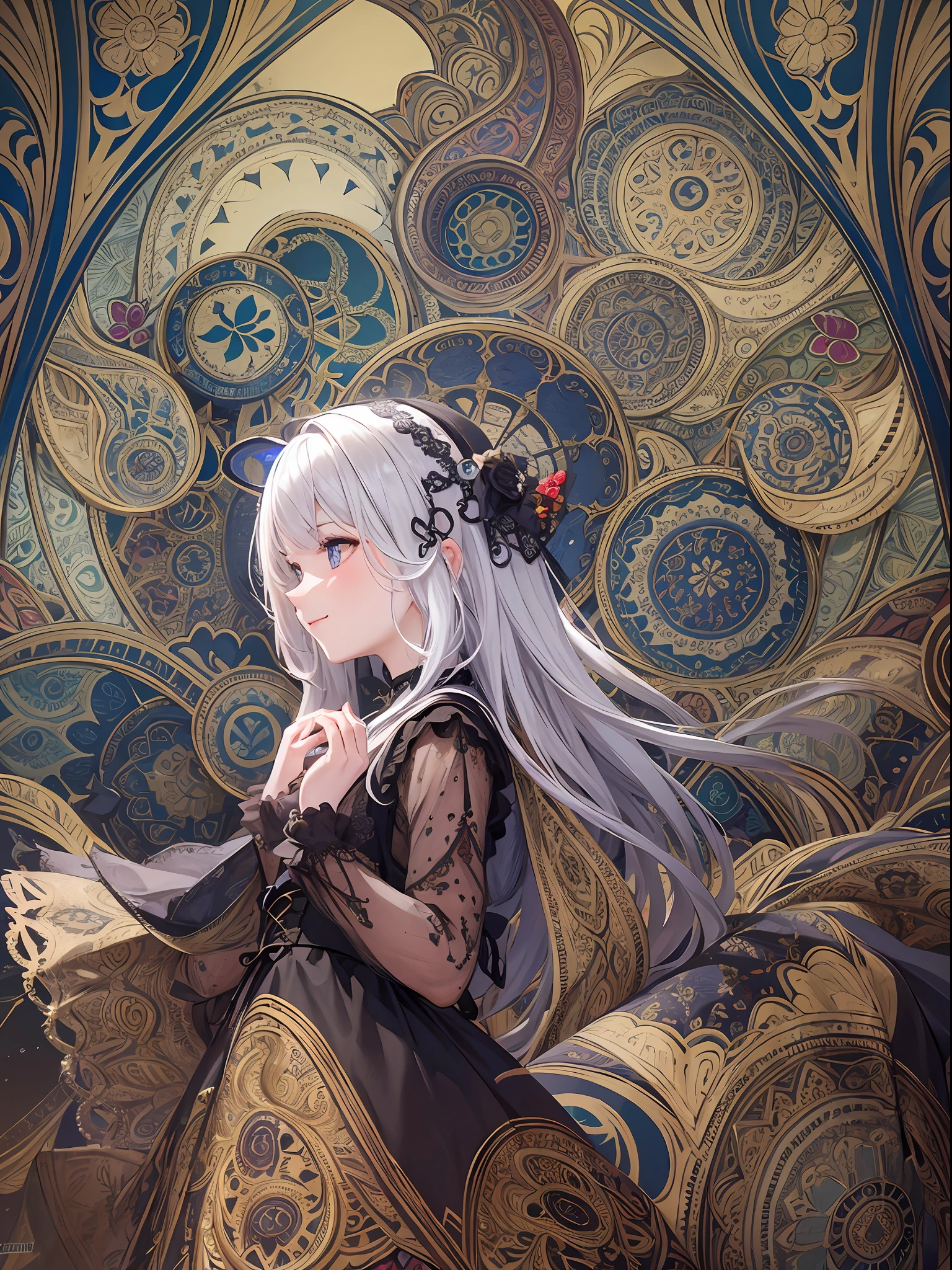 Masterpiece, High resolution, wide angle, detailed Paisley patterned wall, intricately drawn paisley pattern, deep composition, 10,000 colors, colorful, craftsmanship, (1 girl), 9 life, looking at the viewer, smiling, silver hair,, diamond ornaments, colorful decorations, backlit, grains of light fluttering, detailed Gothic, (Maximalism: 1.6), diffused lighting, ( Depth of Field: 1.2), Gothic Lolita, Bird's-Eye View, Light Up