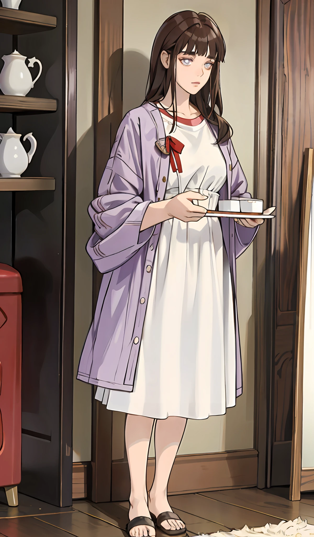 4k, realistic, very detail, there is a girl ate cake, she wearing casual clothes, oversize clothes, brown hair, 25 years old, full body, blunt bangs, dark blue hair, purple eyes, long hair