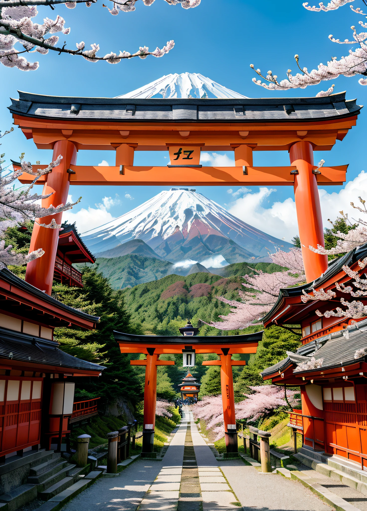 RAW photo of a Red Mt.fuji, ((solo)), (Fushimi Inari Taisha's Thousand Torii Gates in Kyoto), small details, (photorealistic:1.4), ultra-realistic photo, 8k uhd, dslr, high quality, film grain, Fujifilm XT3, (masterpiece), official art, RAW photo of a landscape, insanely detailed, hyper realistic, (photorealistic:1.4), ultra-realistic photo, 8k uhd, dslr, high quality, film grain, Fujifilm XT3, (masterpiece), Mt.fuji, (solo:1.5), (sun atop the summit:1.1), (snow-capped mountain:1.4), lush green mountain slope, clouds billowing over the mountain slopes, (a lot of cherry blossom:1.4), deep forests, several lakes, (mist drifting over the lake:1.2), midday, milky way, twinkling stars, Deep Focus,