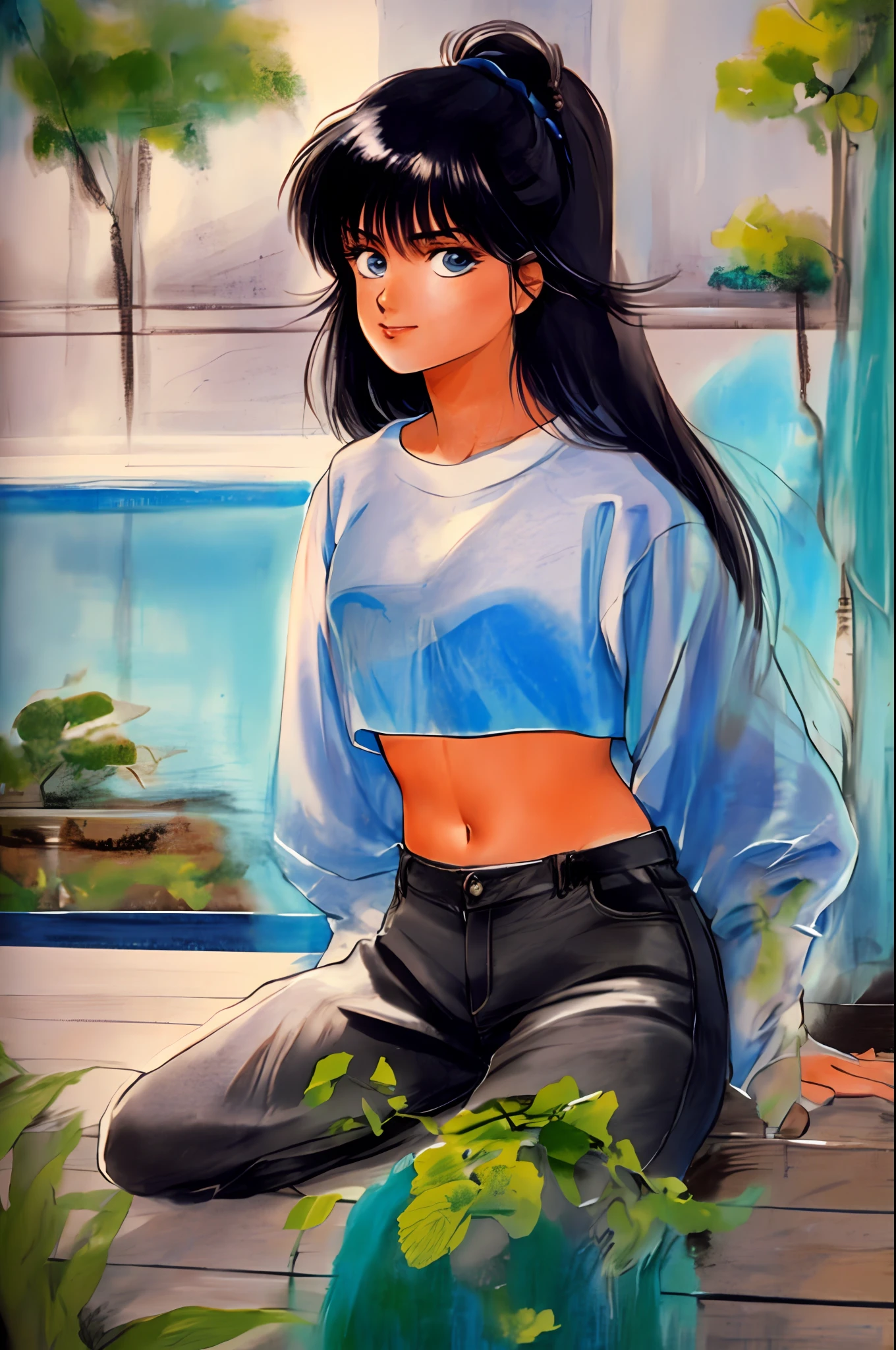 takama akemi, 1980s \(style\), painting \(medium\), retro artstyle, watercolor \(medium\), beautiful, masterpiece, best quality,
detailed face, perfect lighting, 1girl, solo, beautiful Asian woman wearing (cropped shirt:1.2),
kneeling with legs spread, smile, hand touching cheek, long black hair, messy bangs, navel, belly, sitting by outdoor pool,