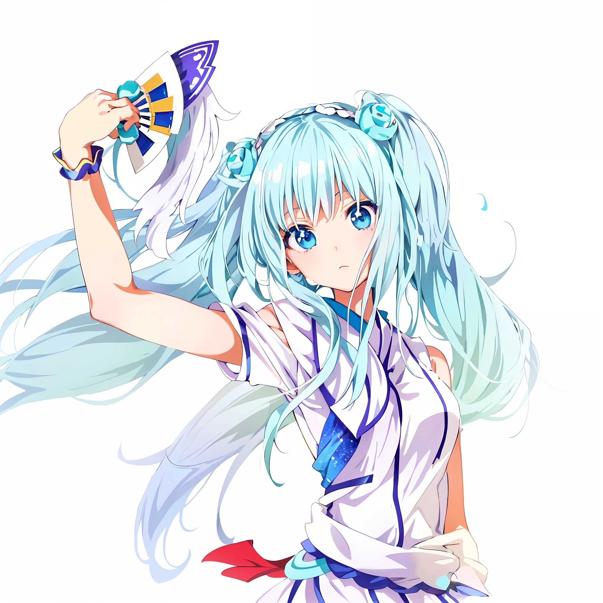 Anime girl with long white hair and blue eyes holding folding fan, (anime girl), white cyan, anime !!!!!!!!!!!!!!!, mikudayo, beautiful anime style, beautiful anime girl, anime girl with blue-green hair, anime moe art style, beautiful anime girl, anime style 4 K, anime art style, happy !!!, anime girl, anime style illustration