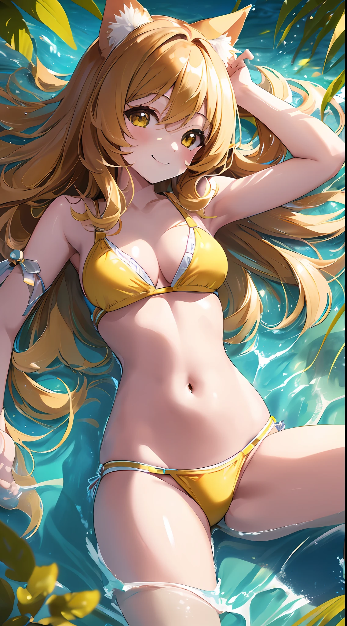 (Chibi Chibi: 1.3), Solo, Full Body, Shiny Yellow Bikini, Lying Down, Highly Detailed Face, (Smile: 1.4), Lively, (Gravure Pose: 1.5), Beautiful Detailed Eyes, Looking Up, (Eye Match), Light Brown Long Hair, Cat Ears, Neon, Masterpiece, Top Quality, Highly Detailed 8k Wallpaper