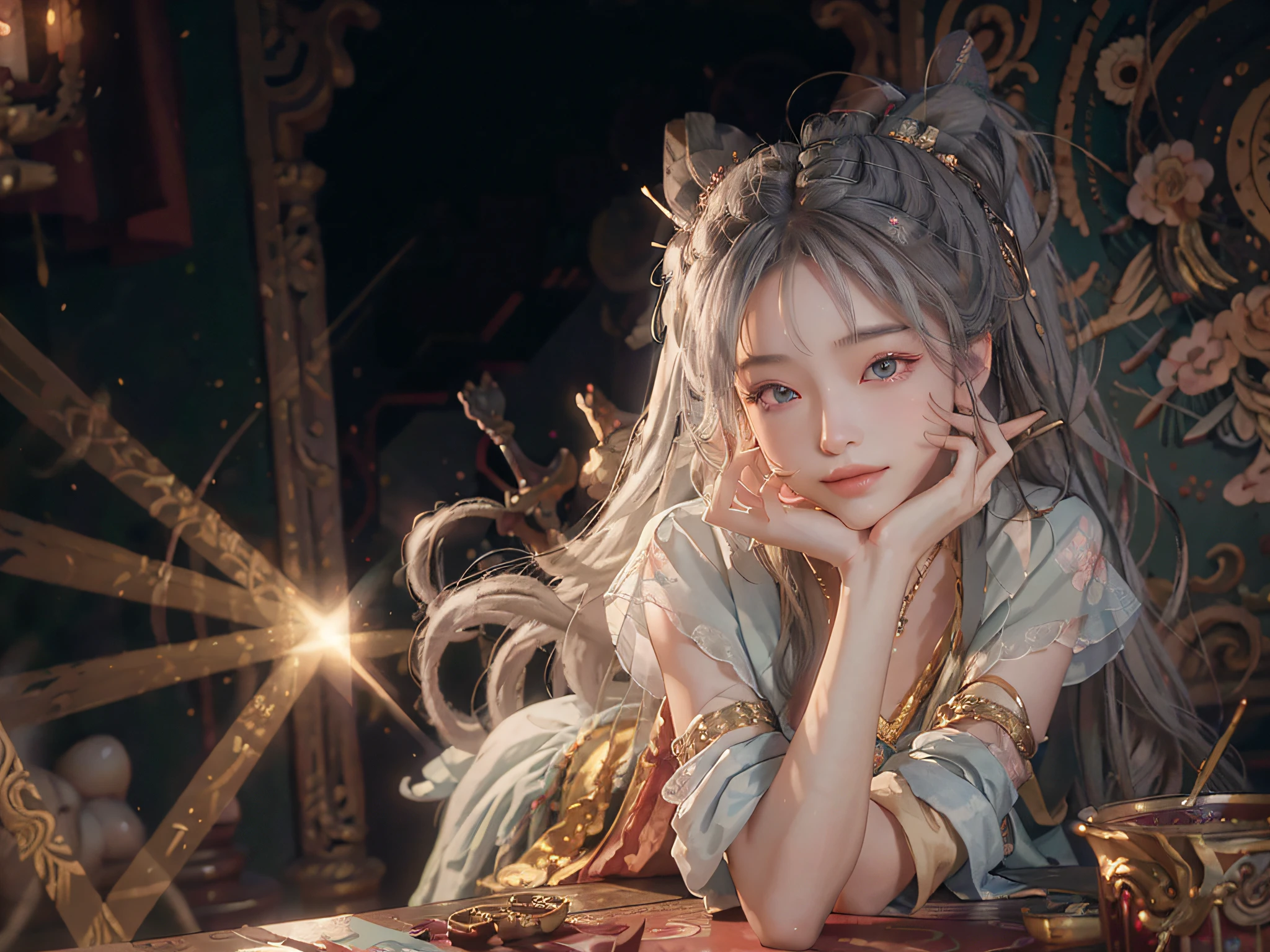 (RAW Photo, Best Quality), (Realistic, Photorealistic Real: 1.3), Best Quality, Highly Detailed, Masterpiece, Ultra Detailed, Illustration, 1 Girl, upper_body, Dynamic Angle, World Mastery Theater, messy_long_hair, Best Quality, Extremely Detailed CG Uniform 8k Wallpaper, Ink, Amazing, Sexy, Peach Blossom Eyes, Gray Hair, Smile, Movie Lights, lens_flare, dunhuang_style