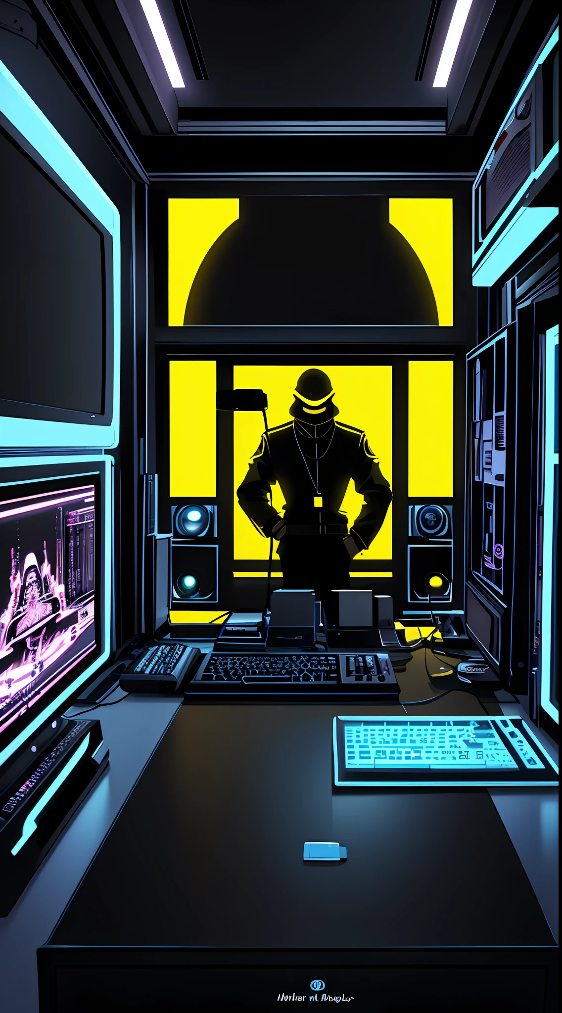 (Masterpiece), (Best Illustration), (No Human), Anime Background, Game Bedroom, TV with Mainframe Computer, Ring Lighting, Edge Lighting, (Very Detailed CG Unity 8k Wallpaper), (Masterpiece), (Best Quality), (Vaporwave Style), (Ultra Detailed), (Best Illustration), (Best Shadow), Perfect Lighting, Perfect Anatomy, Yellow Color,