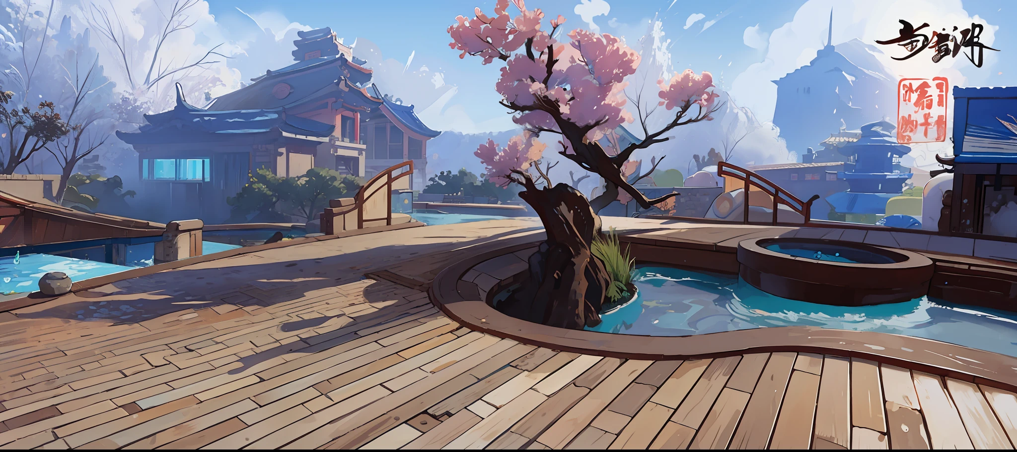 No Man, No Man, Chinese Style, A Pool, No Text, Blue Sky, Jade Pool, Bath Pool, 2D Style,