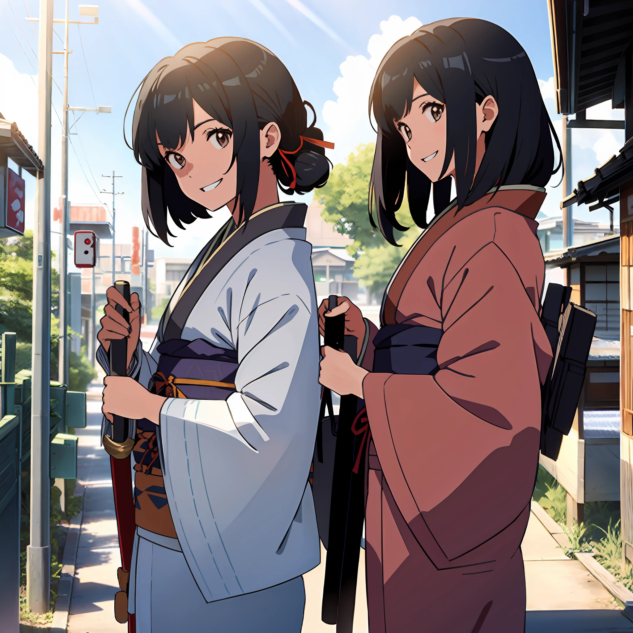 Makoto Shinkai, your name is. 1 girl, bangs, black hair, blue sky, ribbon, brown eyes, clouds, (8k, RAW photo, top quality, masterpiece: 1.2), 1 girl, colorful kimono, long Japan sword, holding a weapon, beholder, beautiful detailed face, smile, teeth, barefoot, sunlight, lots of lighting, Japan, shopping street,
