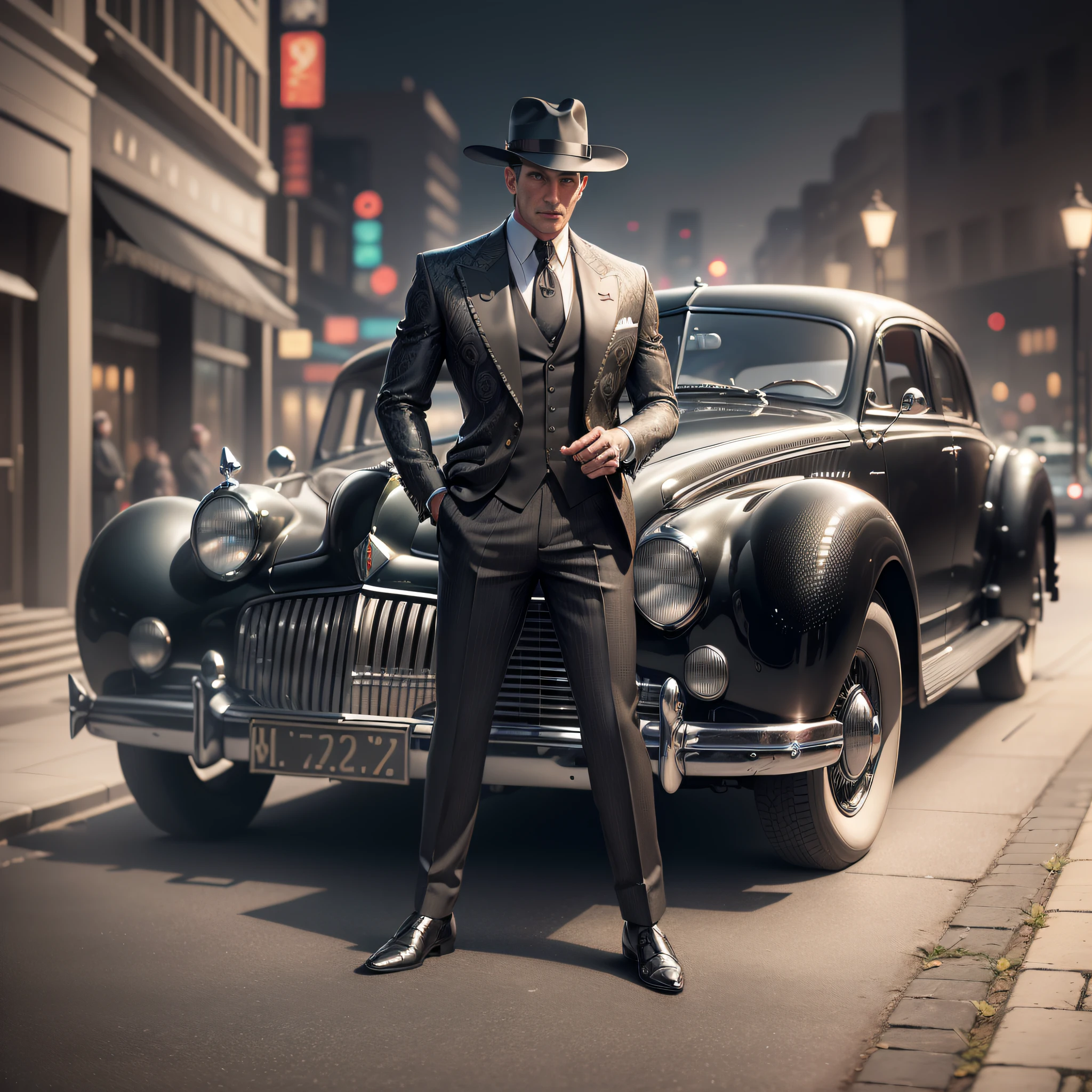 ((hyperrealistic, photorealistic, 8k, intricate details)), (vertical panoramic framing) 1950, a sleek gangster with a hat is standing in front of his Royce Royce car at night, while carefully buttoning up his black suit - high quality, detailed and vivid, like a movie scene ((camera angle down up, vertical)).