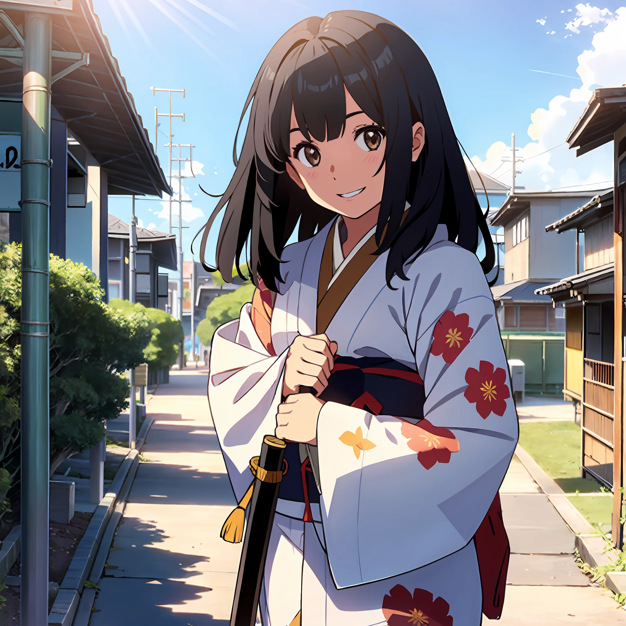 Makoto Shinkai, your name is. 1 girl, bangs, black hair, blue sky, ribbon, brown eyes, clouds, (8k, RAW photo, top quality, masterpiece: 1.2), 1 girl, colorful kimono, long Japan sword, holding a weapon, beholder, beautiful detailed face, smile, teeth, barefoot, sunlight, lots of lighting, Japan, shopping street,