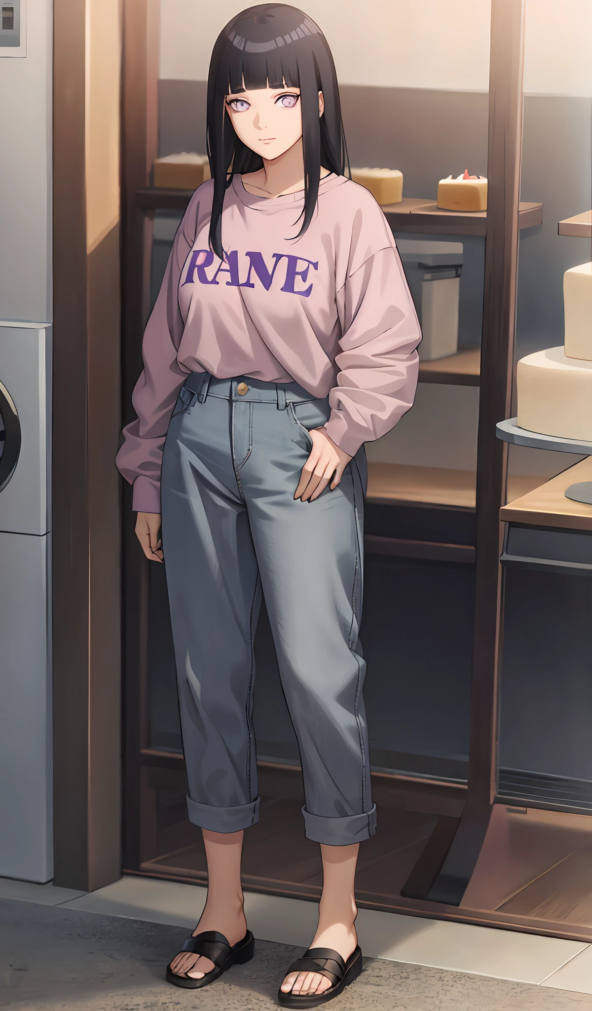 4k, realistic, very detail, there is a girl ate cake, she wearing casual clothes, oversize clothes, 25 years old, full body, blunt bangs, dark blue hair, purple eyes, long hair