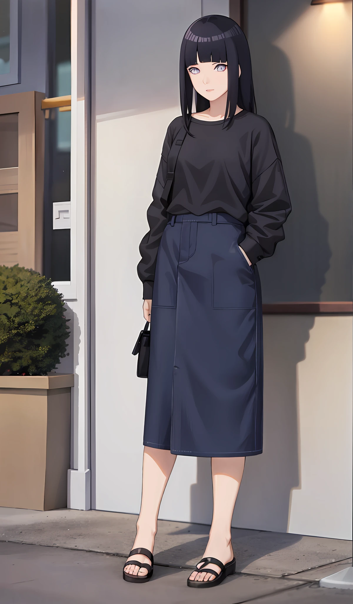 4k, realistic, very detail, there is a girl ate cake, she wearing casual clothes, oversize clothes, 25 years old, full body, blunt bangs, dark blue hair, purple eyes, long hair