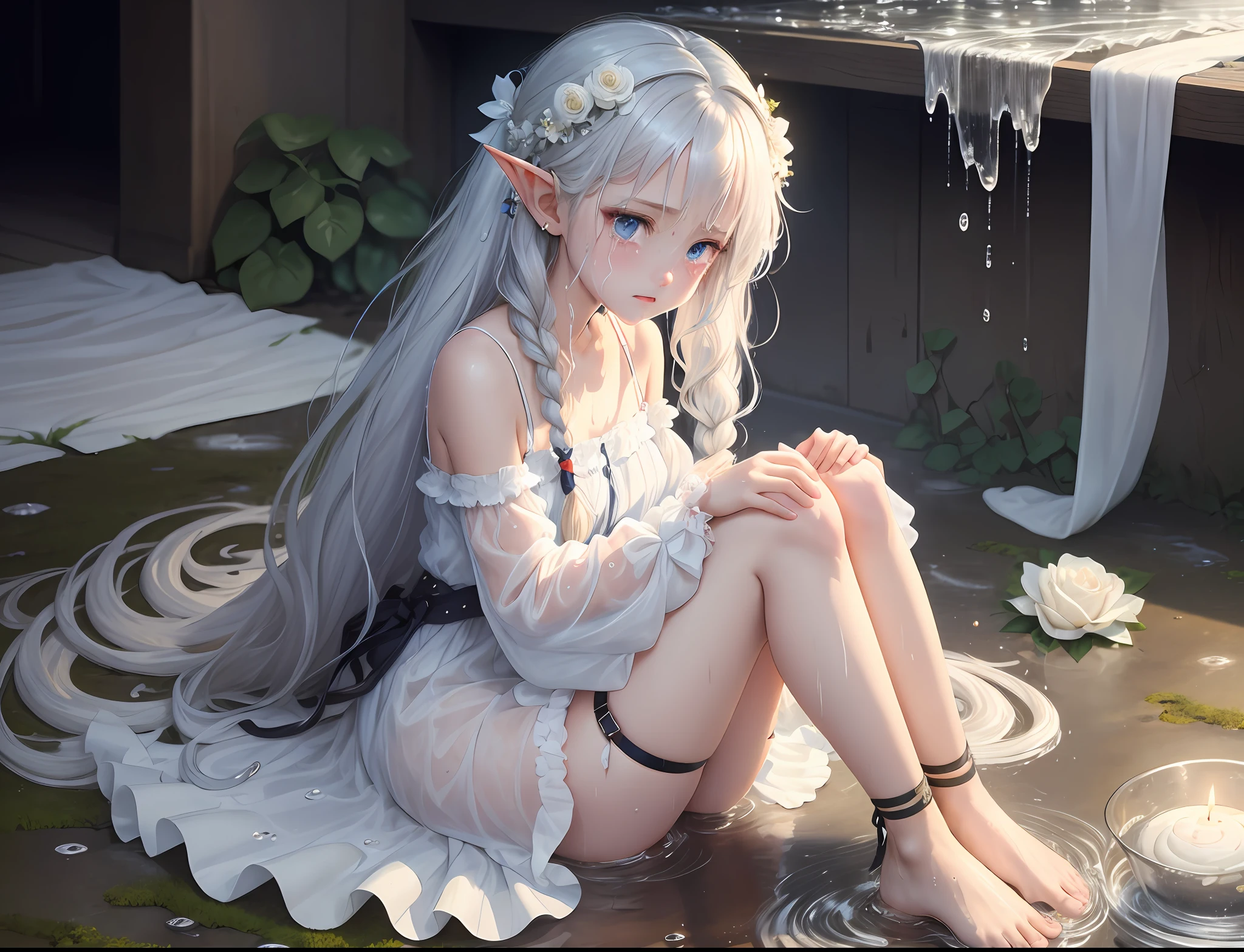 Masterpiece, best quality, {falls in a large glass bowl: 1.3}, transparent, chibi, bubble heart sharp, image girl, masterpiece, solo, vertical
Masterpiece, best quality, (best quality), (super detailed), (illustration), original, very detailed 8k wallpaper, illustration, 1 girl, bangs, bare_shoulders, barefoot, braid, elf, (****), flower, hair_flower, hair_ornament, hugging_own_legs, knees_up, long_hair, looking_at_viewer, pointy_ ears, blue_eyes, 2 ribbons, roses, silver_hair, sitting, solo, thigh_strap, town, very_long_white_hair, (blood), wet, white_flower), (messy hair), (messy long hair), (sparkling teardrops, crying), sadness, ((soaked skin)), ((see through, wet clothes, wet))