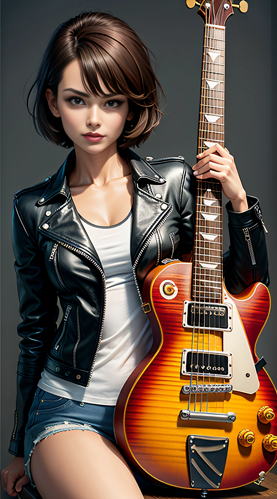 leather jacket face,strong body,short hair,with guitar model les paul,realistic,super detail,best quality,hd