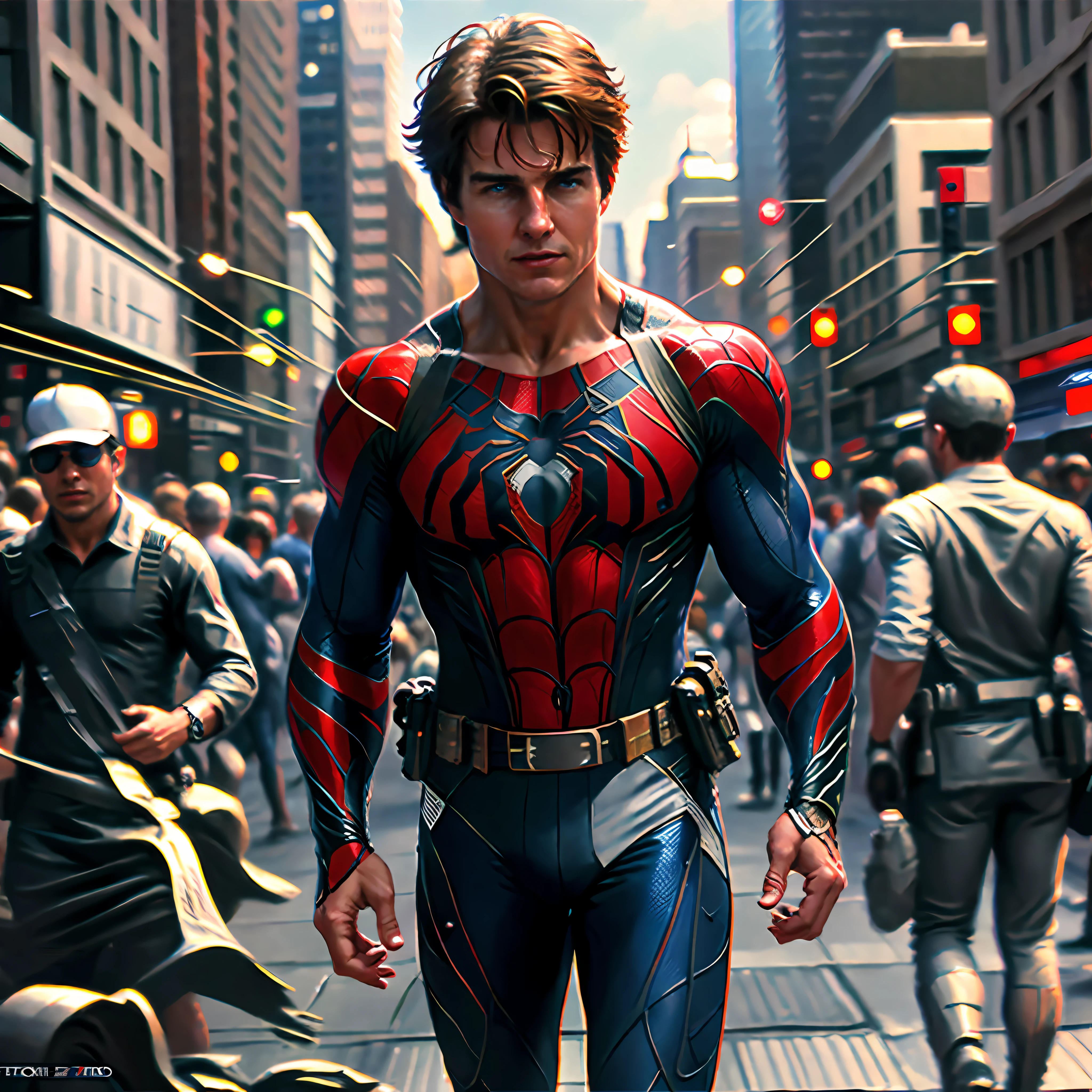 Tom cruise as a spider man , walking in crowd,blur Nikon camera image, masterpiece, realistic,top quality --auto --s2