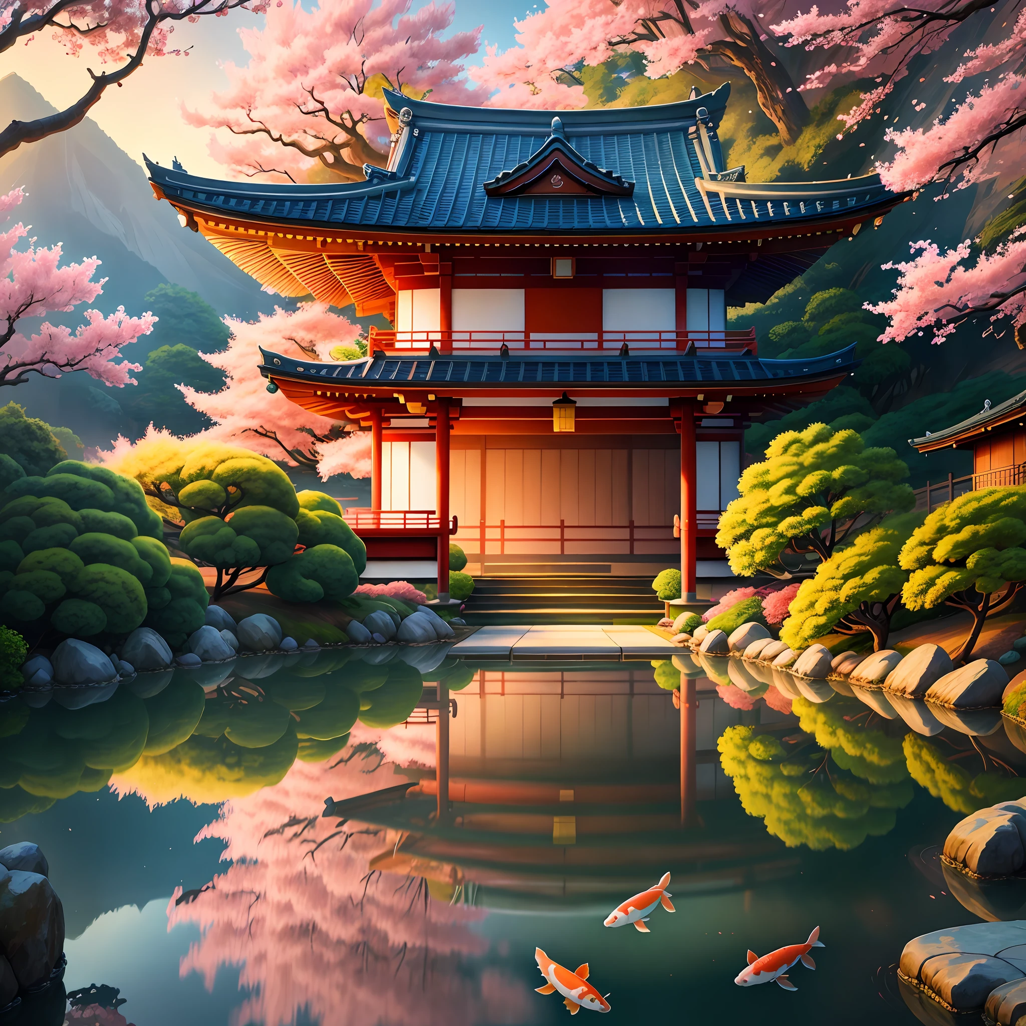 (digital painting),(best quality), serene Japanese garden, cherry blossoms in full bloom, koi pond, footbridge, pagoda, Ukiyo-e art style, Hokusai inspiration, Deviant Art popular, 8k ultra-realistic, pastel color scheme, soft lighting, golden hour, tranquil atmosphere, landscape orientation