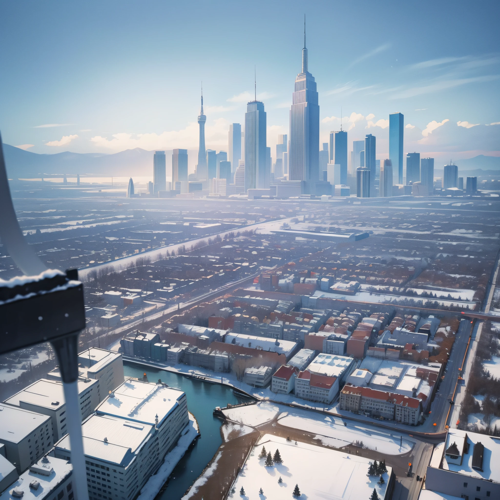 Aerial view of the city, covered in snow, scene view