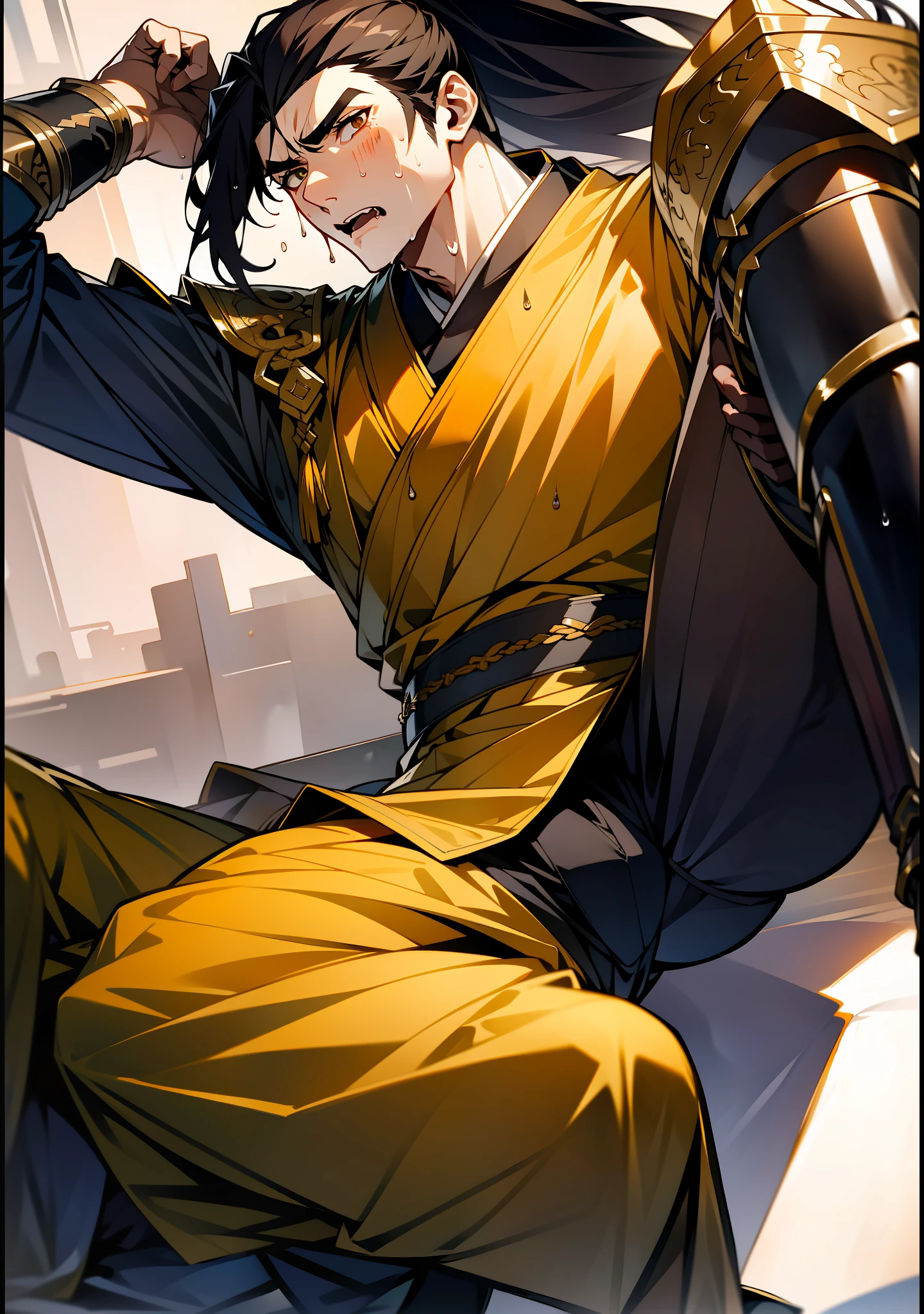 1 male, sweating, open mouth, drooling, wet, wet, sweating of chest muscles, sweating of abs, sweating of crotch, ancient costume Hanfu, dragon robe, handsome face, highest image quality, dark skin, high ponytail long hair, detail Hanfu, wearing arm guards, armor, leg guards, leggings, military boots (ancient Chinese military boots), appearance looks like a general, squat, forked legs squat, half squat, crotch sweating, crotch shape, crotch sweat, long legs, leg contour, thigh close-up, calf close-up, perfect legs