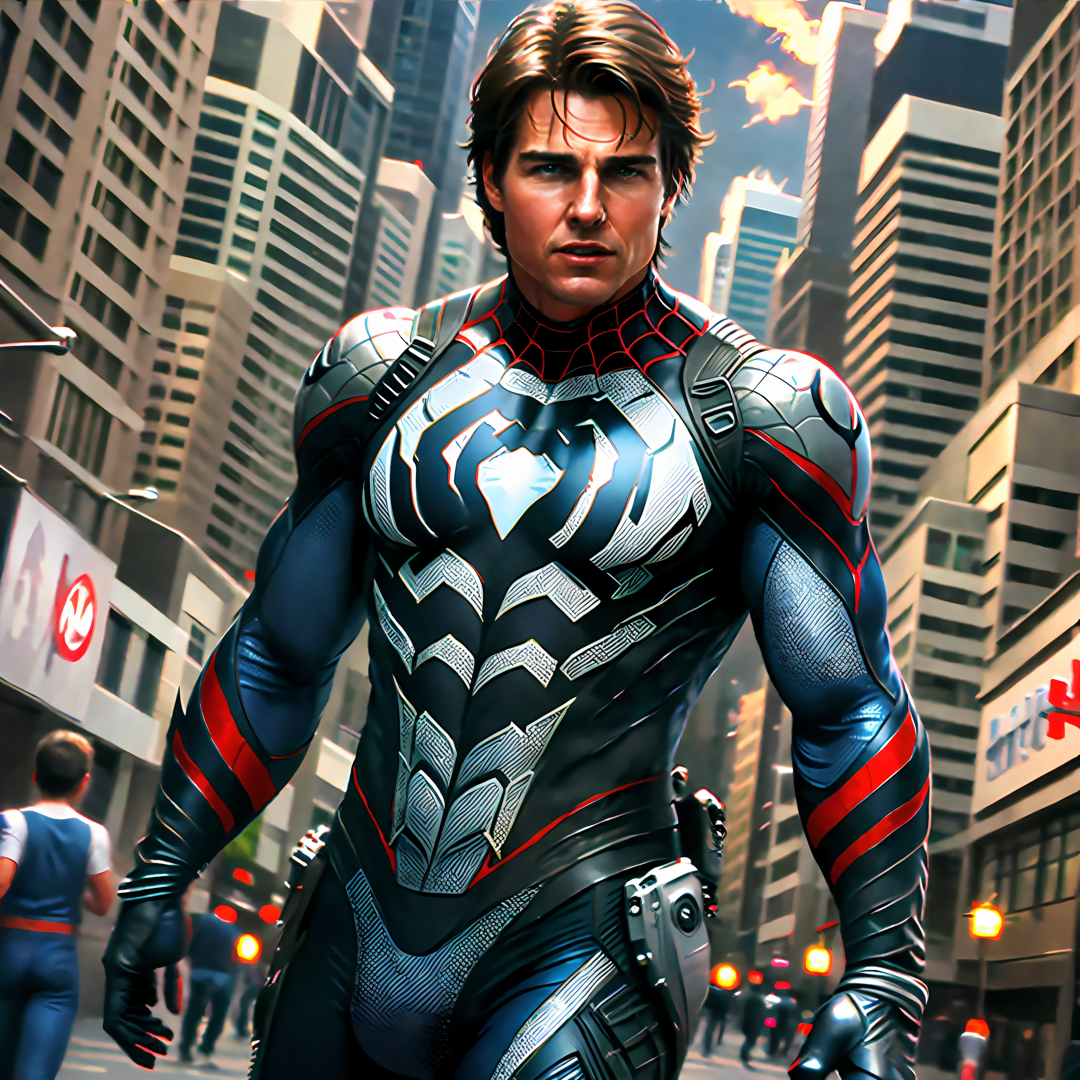 Tom cruise as a spider man , walking in crowd,blur Nikon camera image, masterpiece, realistic,top quality --auto --s2