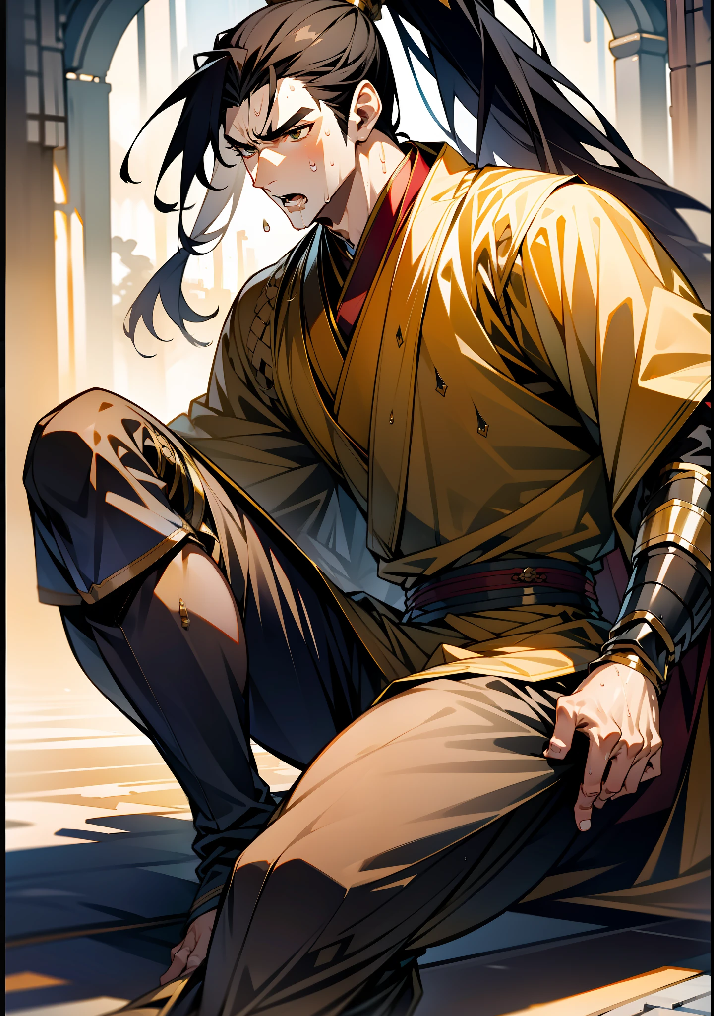 1 male, sweating, open mouth, drooling, wet, wet, sweating of chest muscles, sweating of abs, sweating of crotch, ancient costume Hanfu, dragon robe, handsome face, highest image quality, dark skin, high ponytail long hair, detail Hanfu, wearing arm guards, armor, leg guards, leggings, military boots (ancient Chinese military boots), appearance looks like a general, squat, forked legs squat, half squat, crotch sweating, crotch shape, crotch sweat, long legs, leg contour, thigh close-up, calf close-up, perfect legs