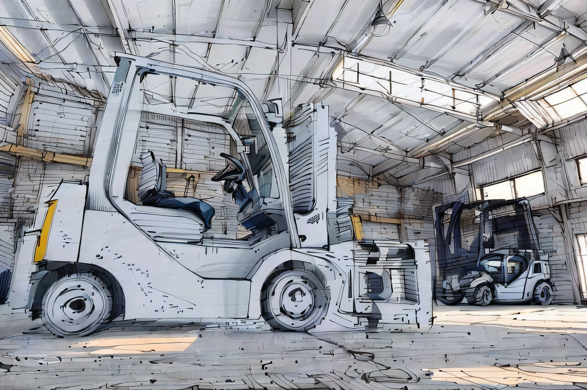linear, gray, white background, simple background, sketch, sketch, pen_sketch_style, there is a forklift that is parked in the warehouse, in the warehouse, in the warehouse, inside the warehouse, bottom corner, B - roll, DIY, cinematic full shot, cinematic frame, photo taken in 2 0 2 0, professional work, powerful stage, warehouse, looking straight ahead, confident look, upward tilt angle, Inside the barn, shooting indoors