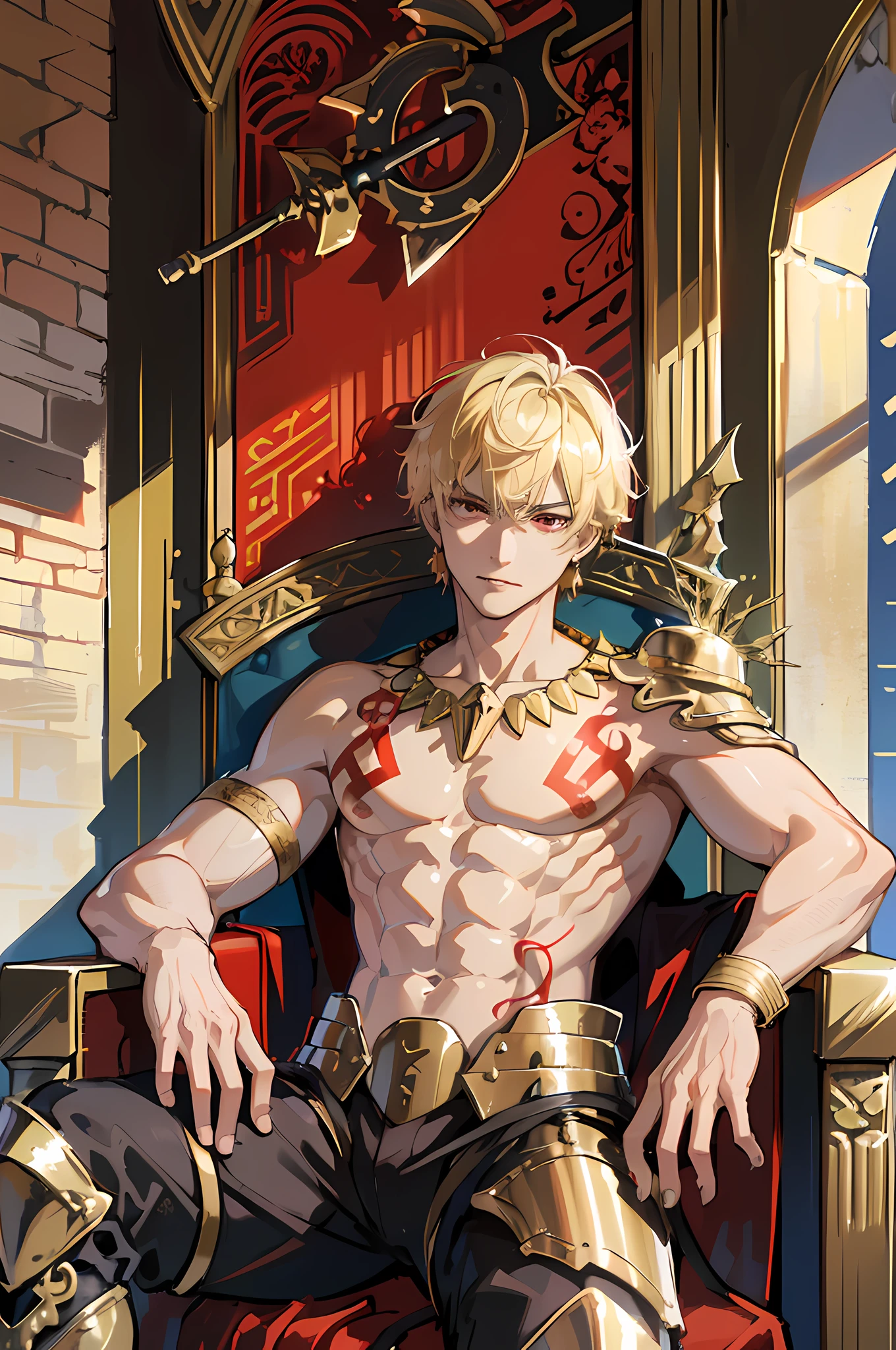 (absurdres, highres, ultra detailed, HDR), masterpiece, best quality, Gilgameshtopeless, 1man, solo, handsome, short hair, blonde hair, vibrant red eye, finely eye and detailed face, topless, gold armor, tattoo, ((intricate weapon)), sitting on throne, spread legs, smirk, annoyed, cowboy shot