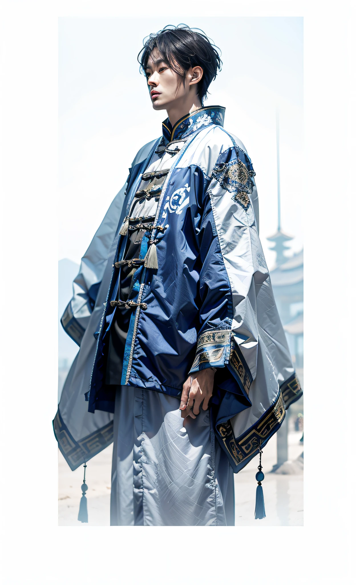 Ancient Chinese male, 50 years old, blue tone, open hands