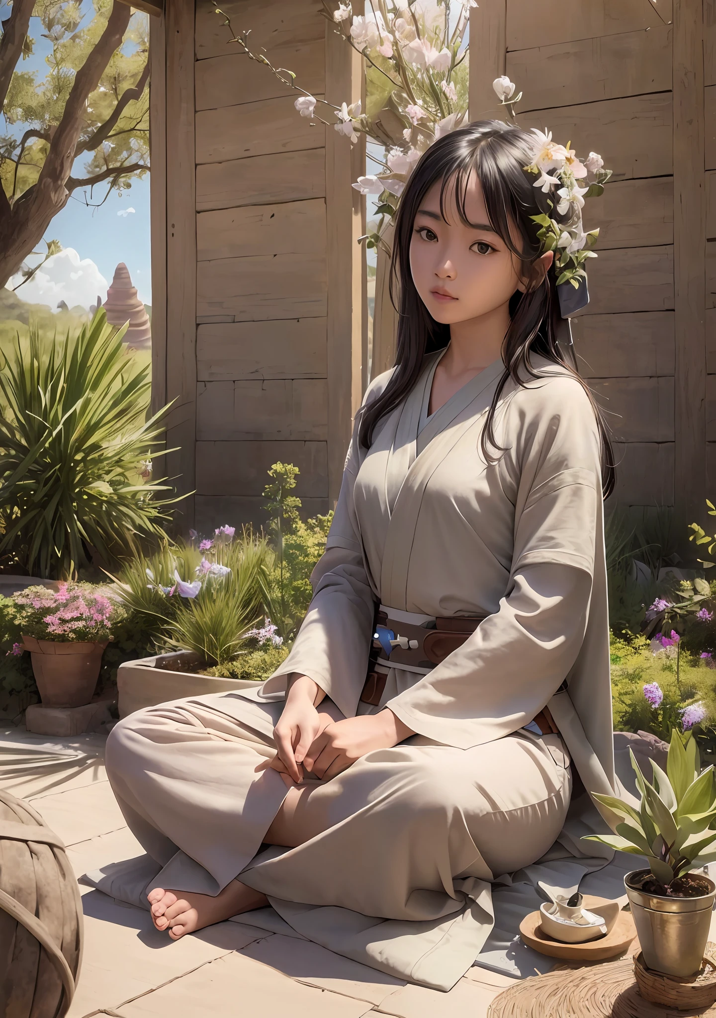 (Jedi meditation:1.3), serene photo,1girl, asian girl in deep meditation, sitting cross-legged, (desert oasis:1.1), surrounded by blooming desert flowers, (((Bagan))), (((Pagodas))) spiritual retreat, transcendent tranquility, desert enlightenment, Absurdres, hdr, ultra detailed illustration, extremely detailed face, RAW photo, film grain, skin pores, trending on deviantart