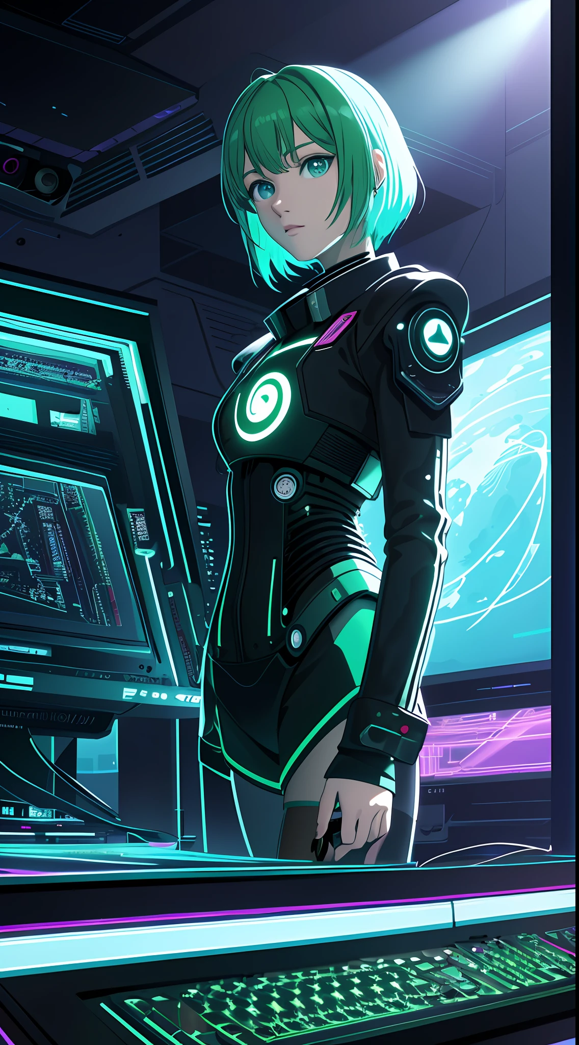 (Masterpiece), (Best Illustration), (No Human), Anime Background, Game Bedroom, TV with Mainframe Computer, Ring Lighting, Edge Lighting, (Very Detailed CG Unity 8k Wallpaper), (Masterpiece), (Best Quality), (Vaporwave Style), (Ultra Detailed), (Best Illustration), (Best Shadow), Perfect Lighting, Perfect Anatomy, Green Color,