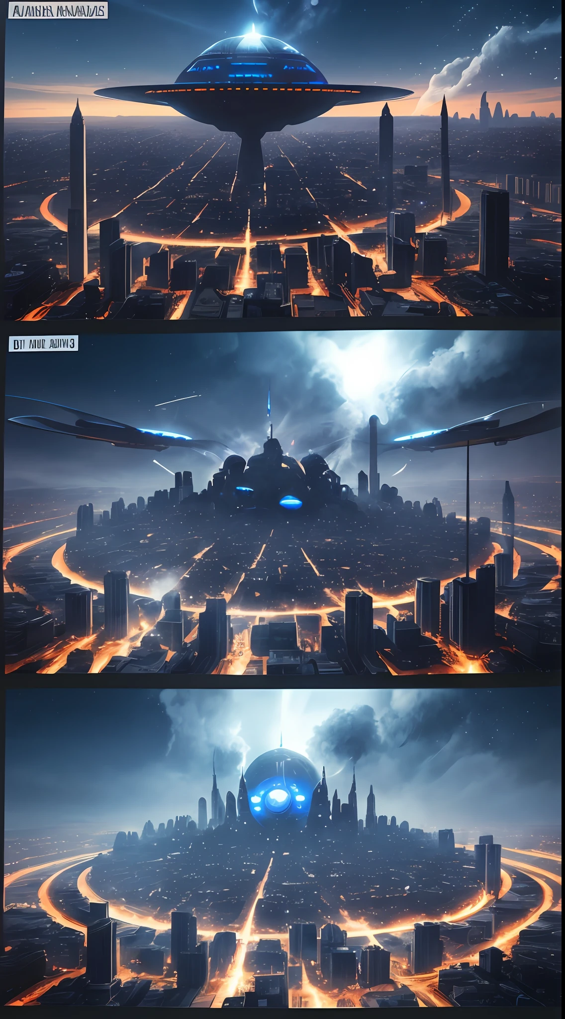 /imagine prompt: [Illustration storyboard] comic page, multiple images on one page: alien spaceship landing on Earth (far view), smoke and dust in the city (medium view), a group of people with weapons, fighting alien creatures (close-up) [multi-camera continuous shooting] cobalt blue and reflective silver, film P30, unequal slash composition, in David Arno Schwaiger style