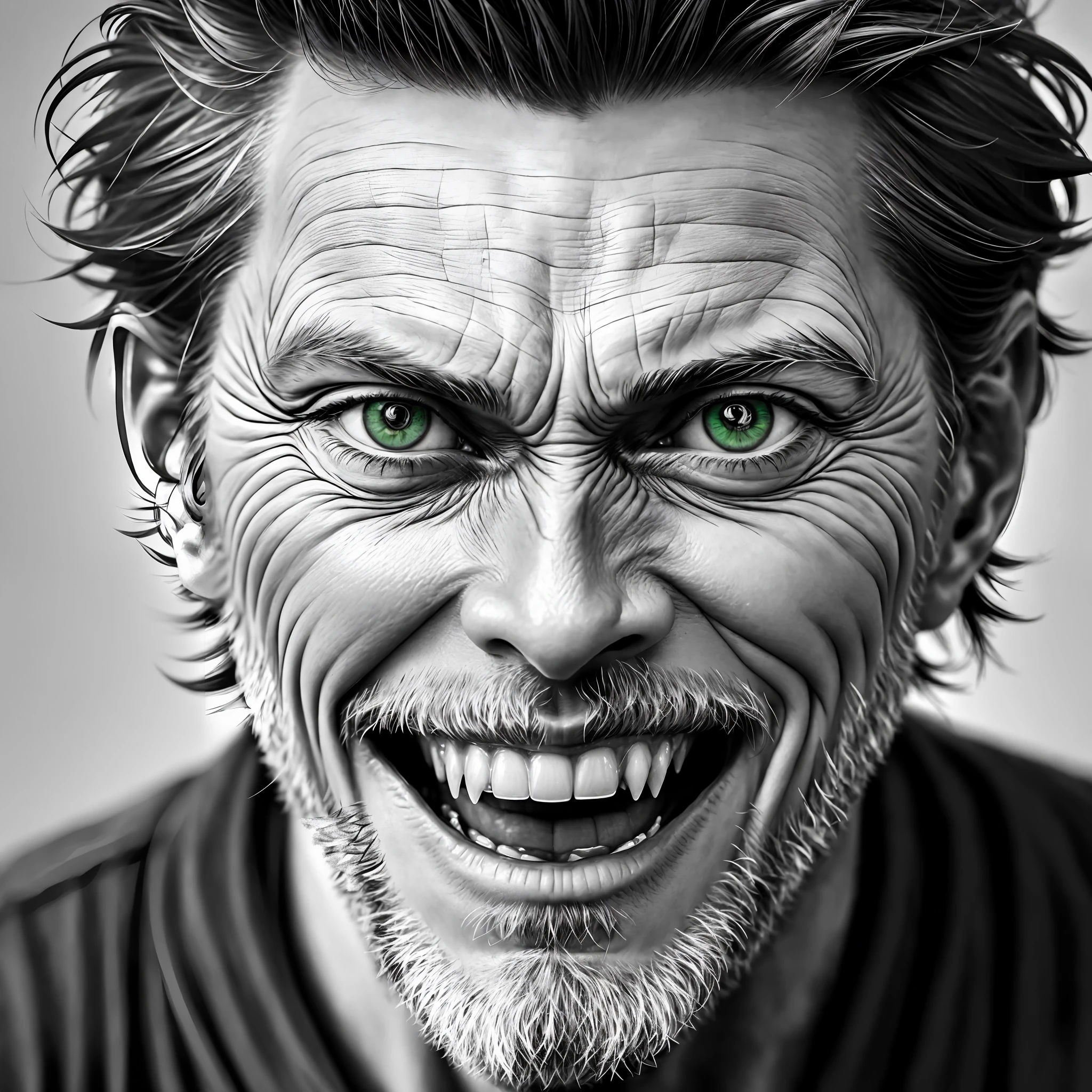 (best quality,masterpiece), model shot, extreme close-up, sharp focus,
((Willem Dafoe)),((dramatic hdr)),detailed wrinkled face, greyscale,4k skin texture, ((crazy smile)),  emphasis on green eyes,
gloom \(expression\),dramatic lighting,trending on artstation,trending on CGSociety,immense details,