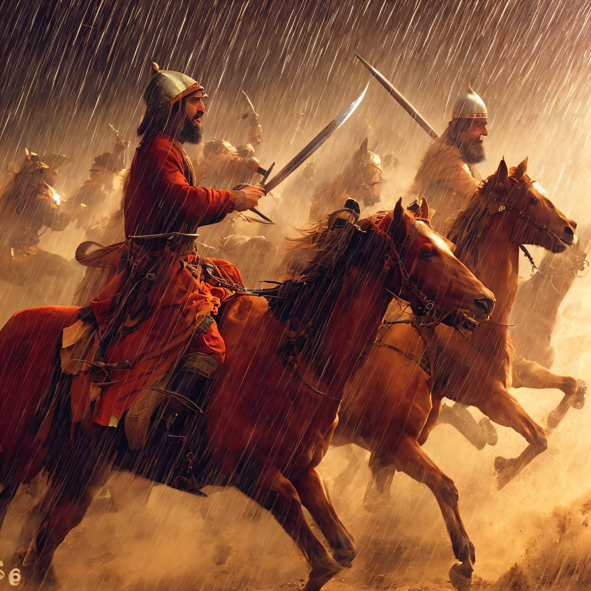 "(best quality) Witness the intensity of a Pashtun tribal warrior's charge, as they attack an enemy war camp amidst a thunderous downpour."