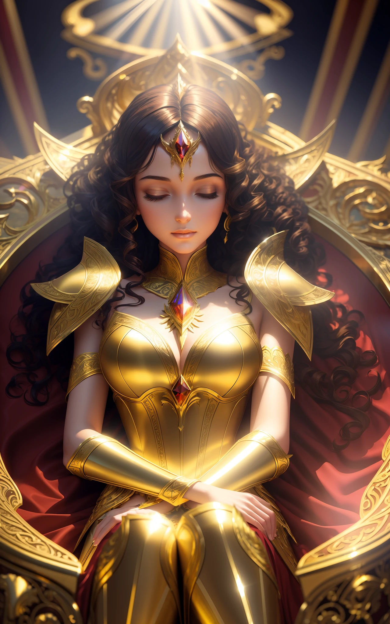 award winning concept art of tall (1girl:1.2) in gold and red shiny ornate armor lying in the coffin, closed eyes, hands on chest, epic, god rays, centered, (masterpiece:1.2), (best quality:1.2), Amazing, highly detailed, beautiful, finely detailed, warm soft color grading, Depth of field, extremely detailed 8k, fine art, stunning, iridescent, shiny, (light reflections:1.2), (crisp:1.5), curls, vibrant, sunlit, edge detection