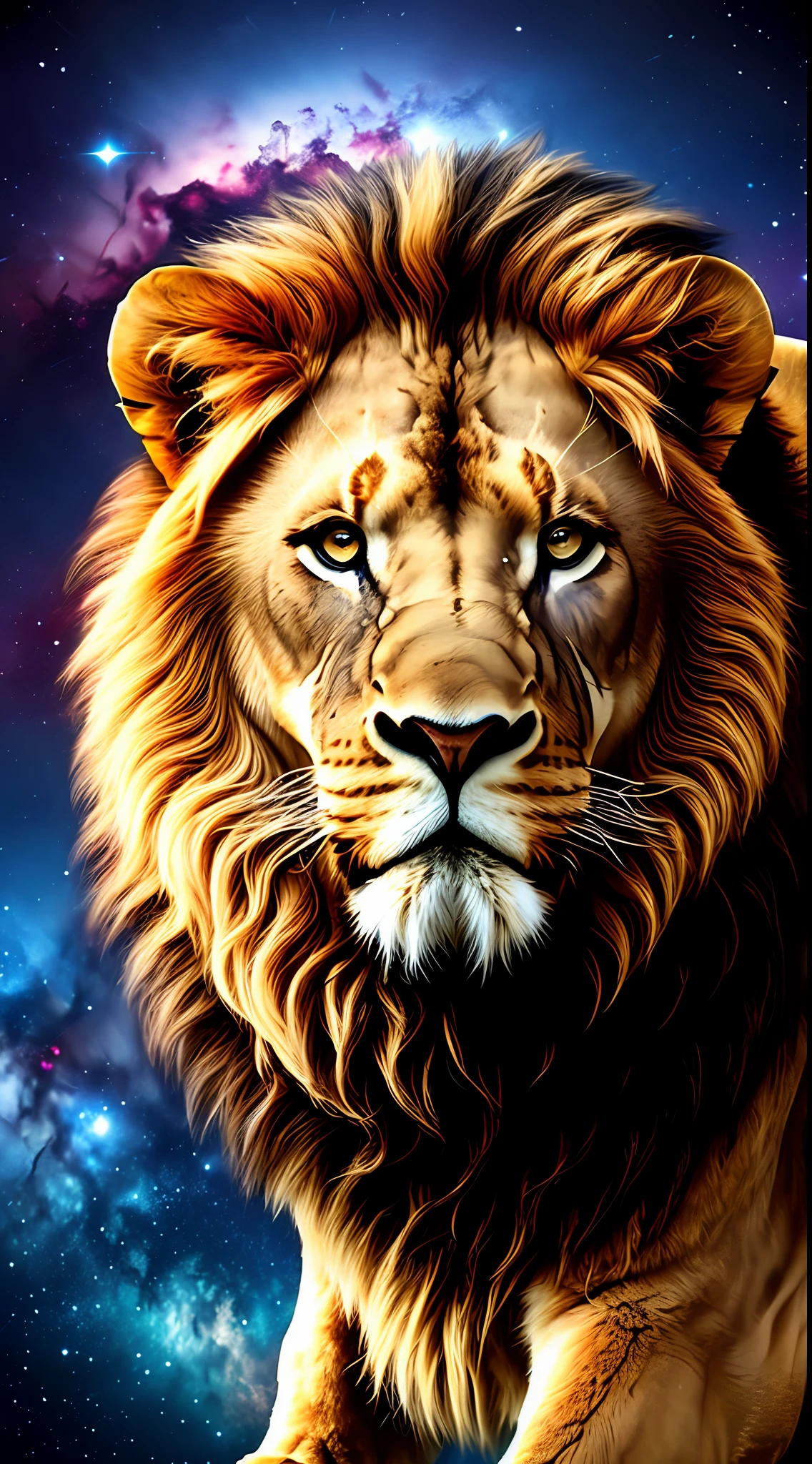 large imposing realistic lion, living nebula, whole body, night sky, Milky Way, bright stars, strong contrast, bright and vivid eyes, ultra realistic, maximum quality, with king's crown