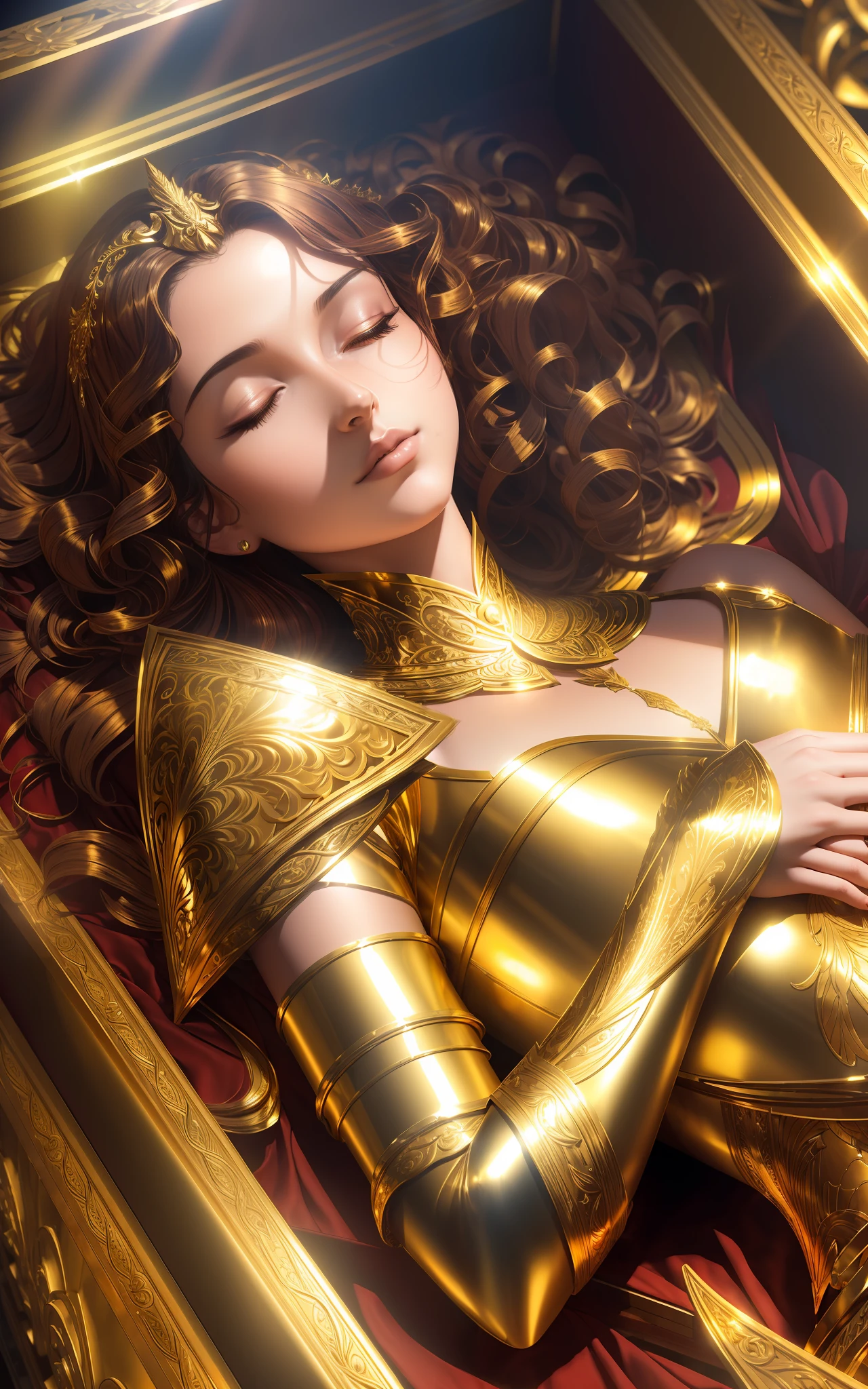 award winning concept art of tall (1girl:1.2) in gold and red shiny ornate armor lying in the coffin, closed eyes, hands on chest, epic, god rays, centered, (masterpiece:1.2), (best quality:1.2), Amazing, highly detailed, beautiful, finely detailed, warm soft color grading, Depth of field, extremely detailed 8k, fine art, stunning, iridescent, shiny, (light reflections:1.2), (crisp:1.5), curls, vibrant, sunlit, edge detection