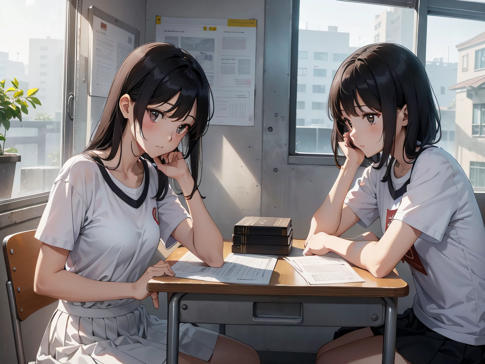 A number of students are sitting in the classroom, in the classroom exam, there is a girl looking at the camera, this classmate is sitting in a white skirt, many students are looking at the test paper as the background, these male students are wearing white T-shirts, short black hair, incredible facial expressions, disappointed expressions, the camera is mainly featured on the upper body, in the Loepfe art style ((Xinhaicheng): 1.5), popular in CGStation, Xinhaicheng H 2160, inspired by Bian Shoumin, Xinhaicheng, Kavasi, Guwitz's style, high-quality pictures, 4K, 8K, resolution