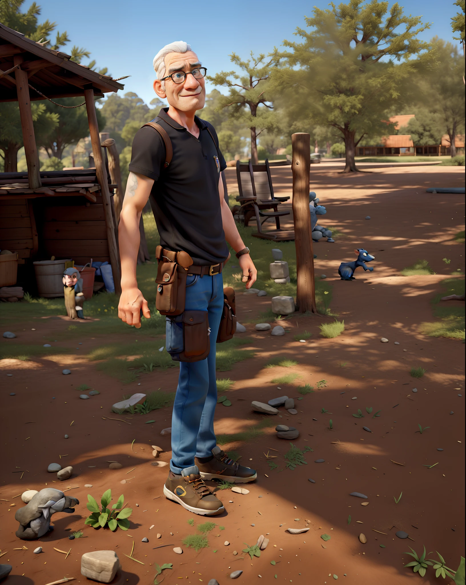 "Masterpiece, great quality, ultra realistic in high definition 8k, with an elderly man in black clothes, jeans and white sneakers in the park, natural environment, dynamic scenery, wonderful balance of light and shadow." senior 3D rendering artist, realistic afternoon lighting, realistically clothing, realistic 3D character, tall farmer, inspired by senior environmental artist, old CGI 3D rendered Bryce 3D, highly detailed character, small character. Unreal Engine 5, hyper-detailed full-body shot, semi-realistic rendering, casual pose, super blue eye face detailing