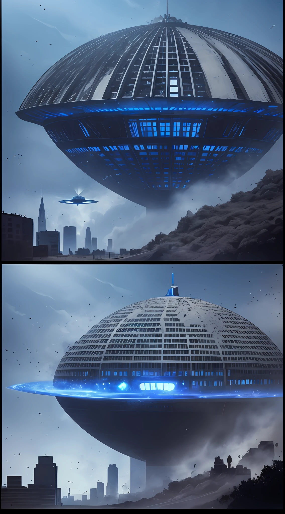 /imagine prompt: [Illustration storyboard] comic page, multiple images on one page: alien spaceship landing on Earth (far view), smoke and dust in the city (medium view), a group of people with weapons, fighting alien creatures (close-up) [multi-camera continuous shooting] cobalt blue and reflective silver, film P30, unequal slash composition, in David Arno Schwaiger style