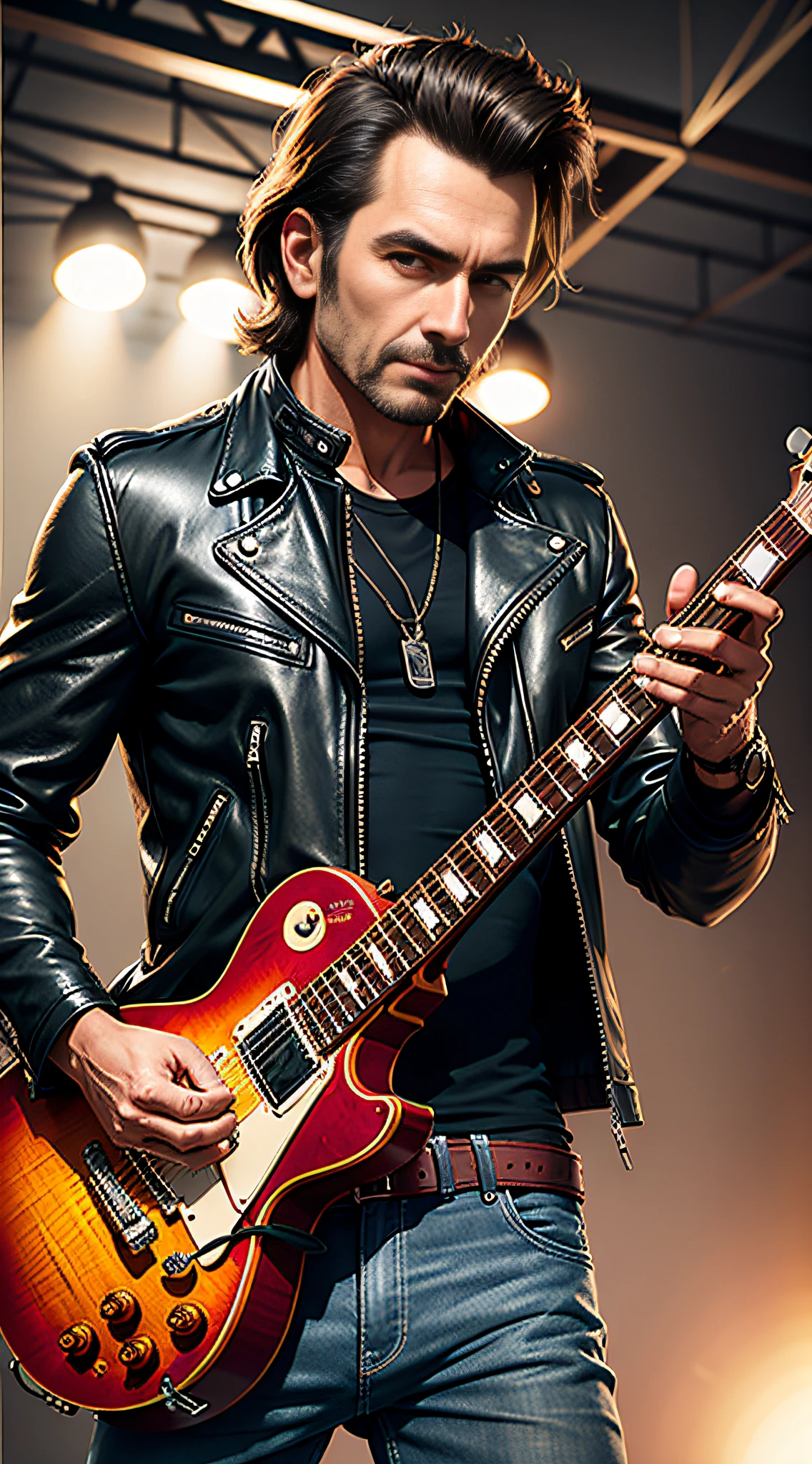 leather jacket man,medium body,low hair,with guitar model les paul,realistic,super detail,best quality,8k