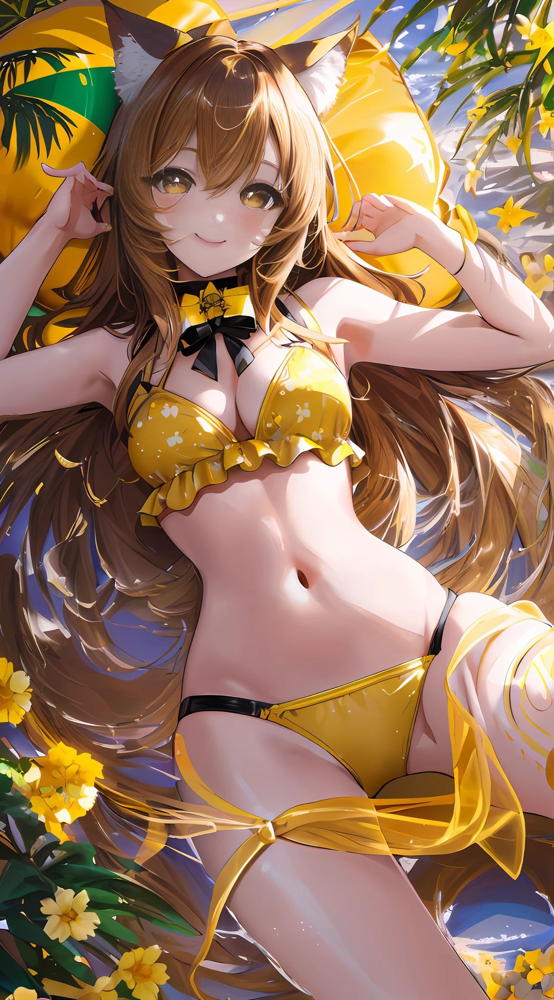 (Chibi Chibi: 1.3), Solo, Full Body, Shiny Yellow Bikini, Lying Down, Highly Detailed Face, (Smile: 1.4), Lively, (Gravure Pose: 1.5), Beautiful Detailed Eyes, Looking Up, (Eye Match), Light Brown Long Hair, Cat Ears, Neon, Masterpiece, Top Quality, Highly Detailed 8k Wallpaper