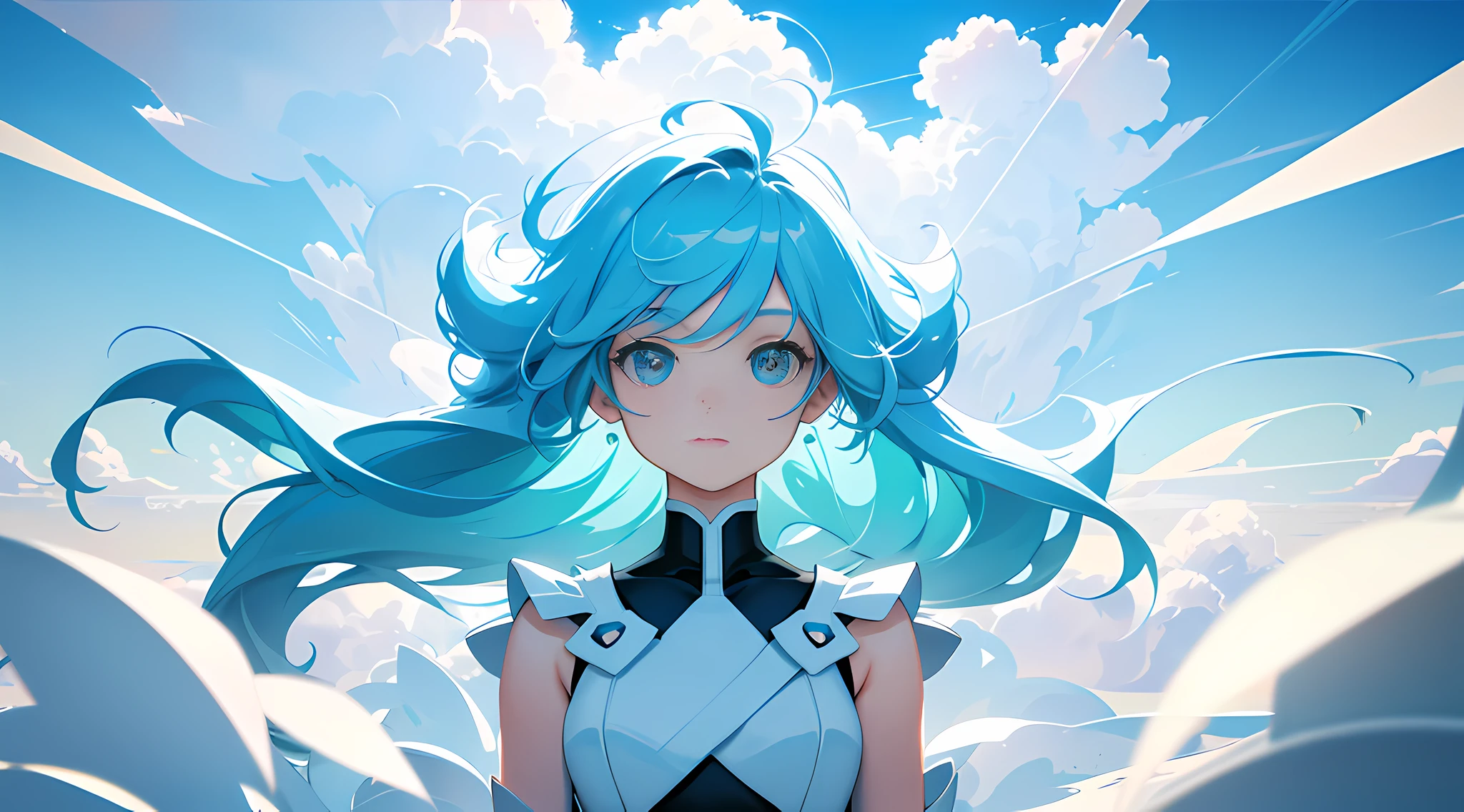 masterpiece, best quality, movie still, 1girl, floating in the sky, cloud girl, cloud, (close-up:1.1), bright, happy, fun, soft lighting, (Bauhaus, shapes, lines, abstract:1.1)