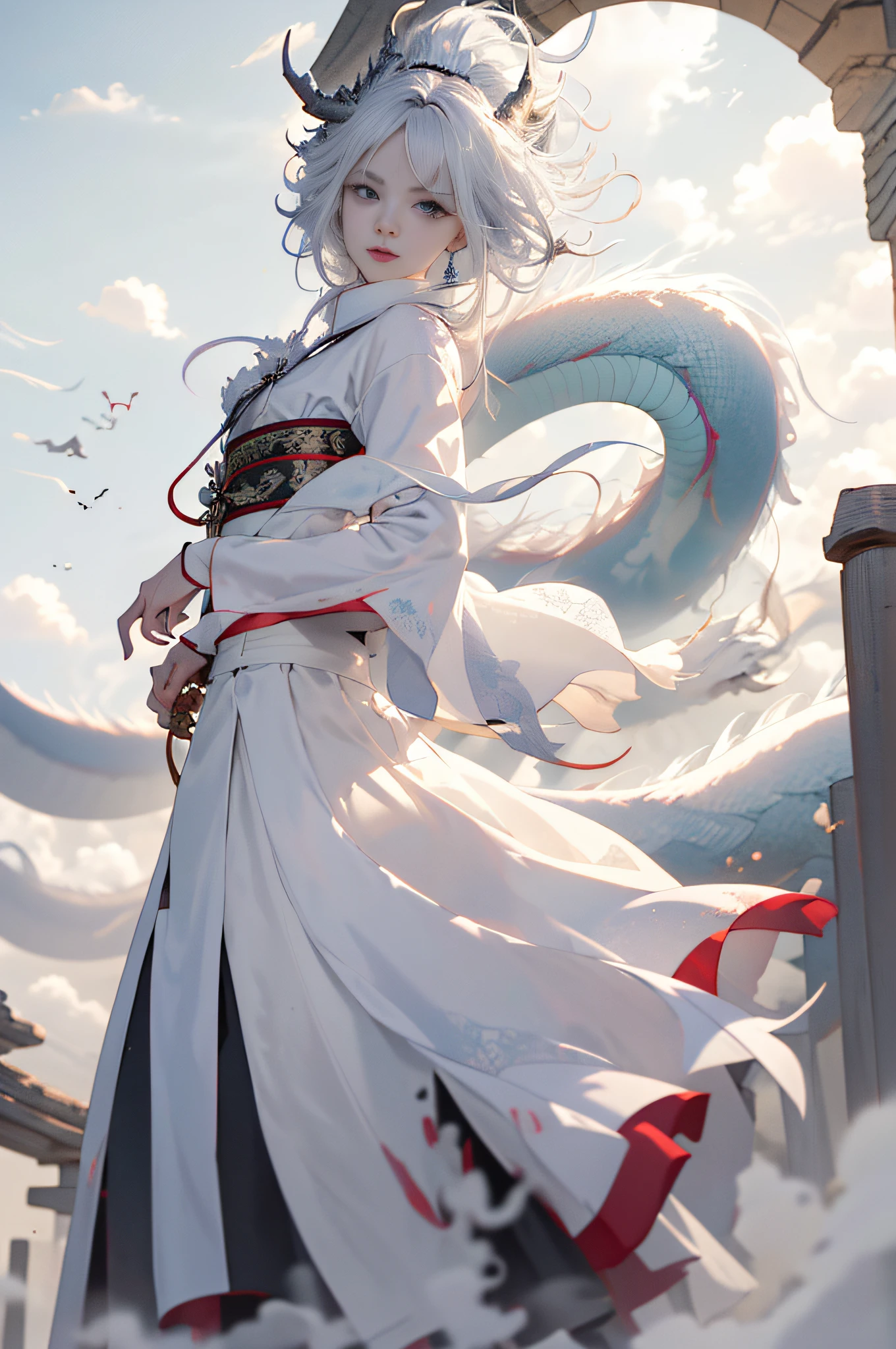 Dynamic Lighting, Art Station, Poster, Volume Lighting, Very Detailed Faces, 4k Wallpaper, Award-Standing, 1 Girl with White Hair, Long Flowing Hair, Ponytail, Fringed Hair Ornament, Dynamic Perspective, White Hanfu, White Gauze Flying, Red Belt, Sexy, Traditional Chinese Ink Painting, Surrounded by Clouds and Mist, Mist, Riding a White Dragon Dragon Head, Stroking the Dragon Head, White Dragon Horns, Dynamic Perspective, Movie Lighting,